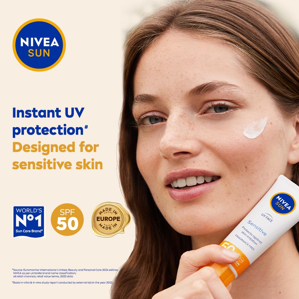 NIVEA Sun UV Face Sensitive SPF 50 Sunscreen Cream (50ml) - UVA/UVB Protection for Sensitive Skin, Anti-Aging & Moisturizing - Ideal for Daily Use, Outdoor Activities & Travel