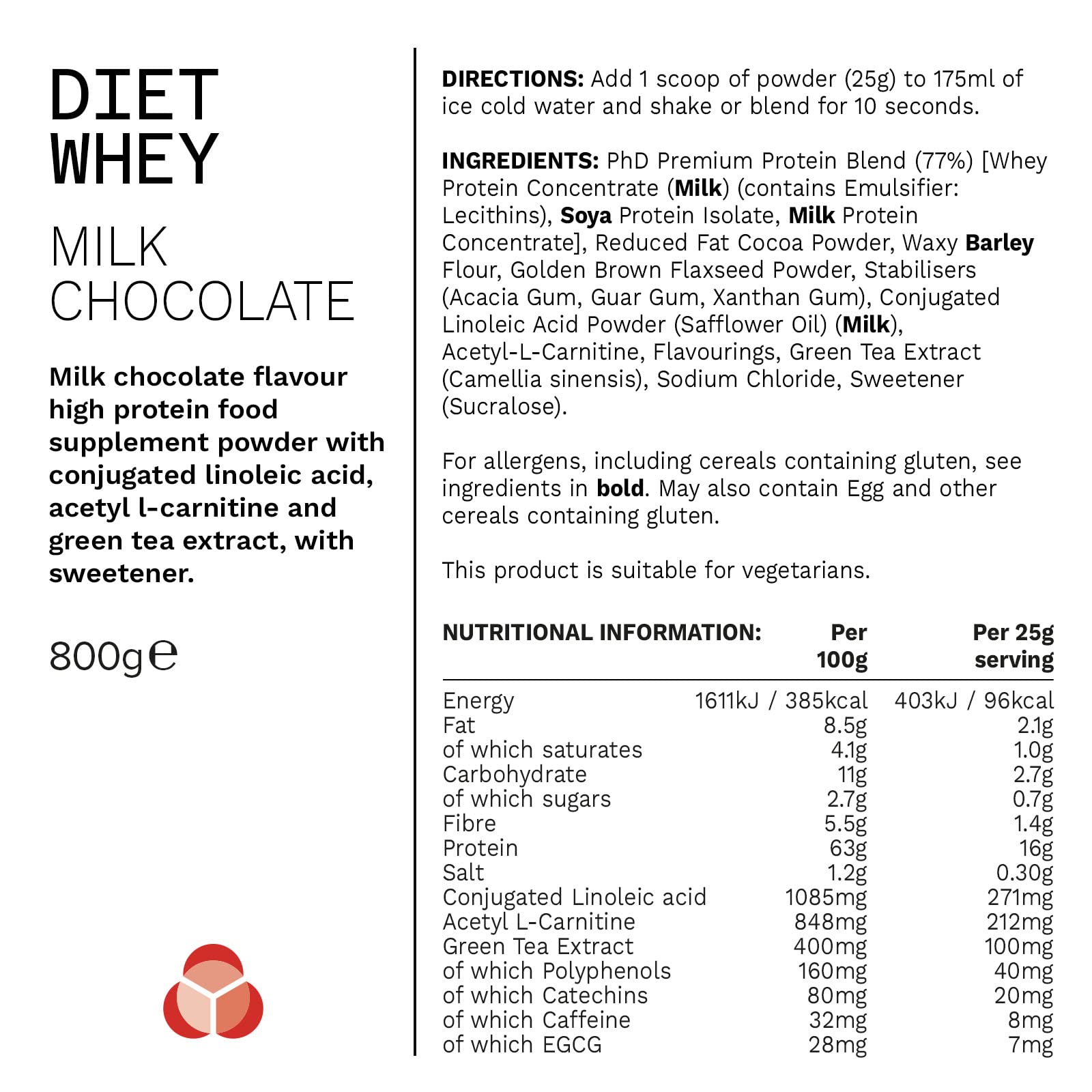 PhD Nutrition Diet Whey Low Calorie Protein Powder - High Protein, Low Carb Lean Matrix for Weight Loss & Muscle Gain | Milk Chocolate Flavor | 32 Servings (800g) | Perfect for Post-Workout Recovery & Healthy Meal Replacement
