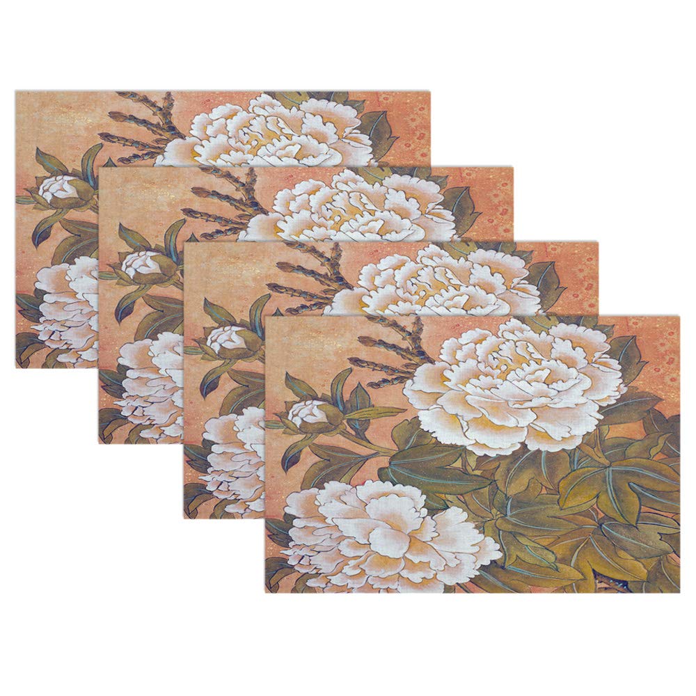 Swono Peony Flower Placemat Set of 4 - Japanese Style White Peony & Butterfly Art Placemats for Dining Table, 12