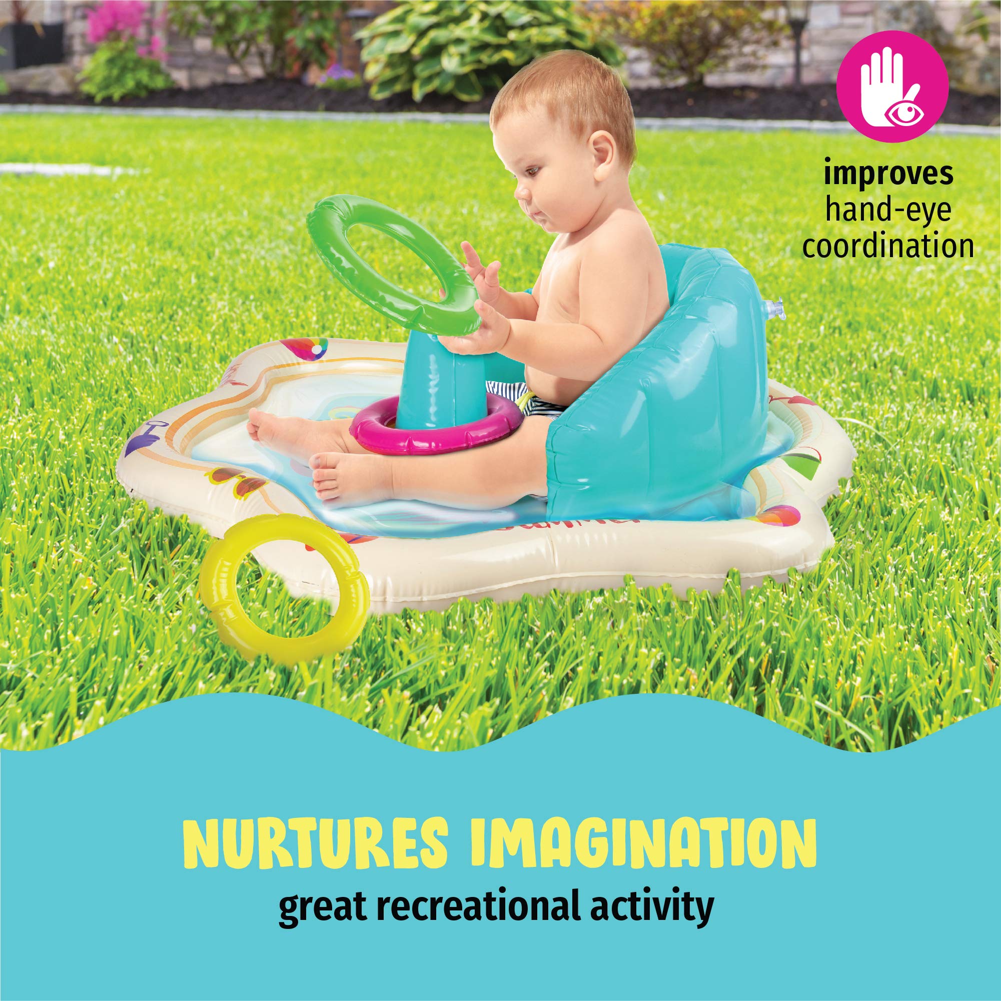 Inflatable Baby Splash Mat with Backrest & Stackable Rings - Water Play Pad for Infants & Toddlers - Summer Outdoor Pool Toys for Backyard, Beach, and Baby Bath Time Fun