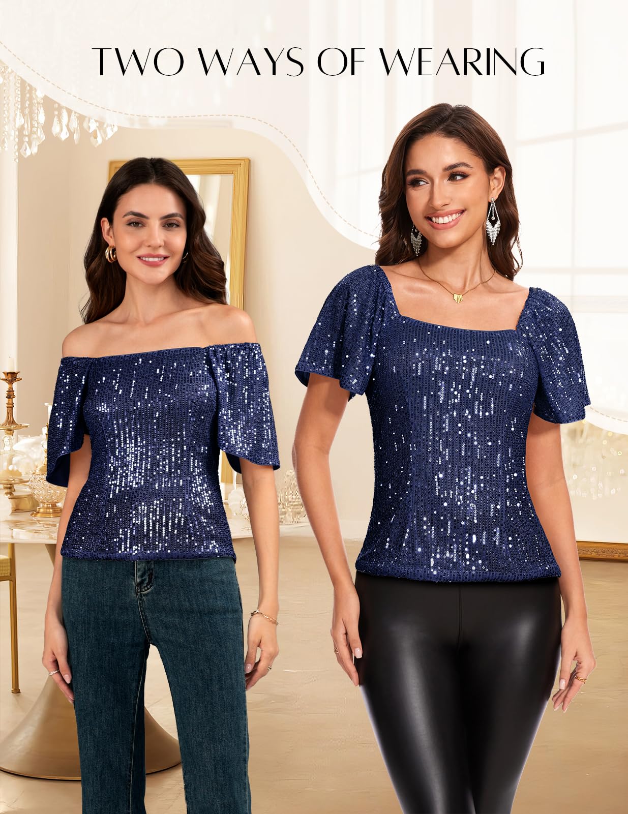 Sparkly Sequin Tops for Women - Short Sleeve Glitter Blouse with Square Neck & Ruffle Detail | Elegant Clubwear & Party Shirts for Night Out, Dinner Date, and Special Occasions