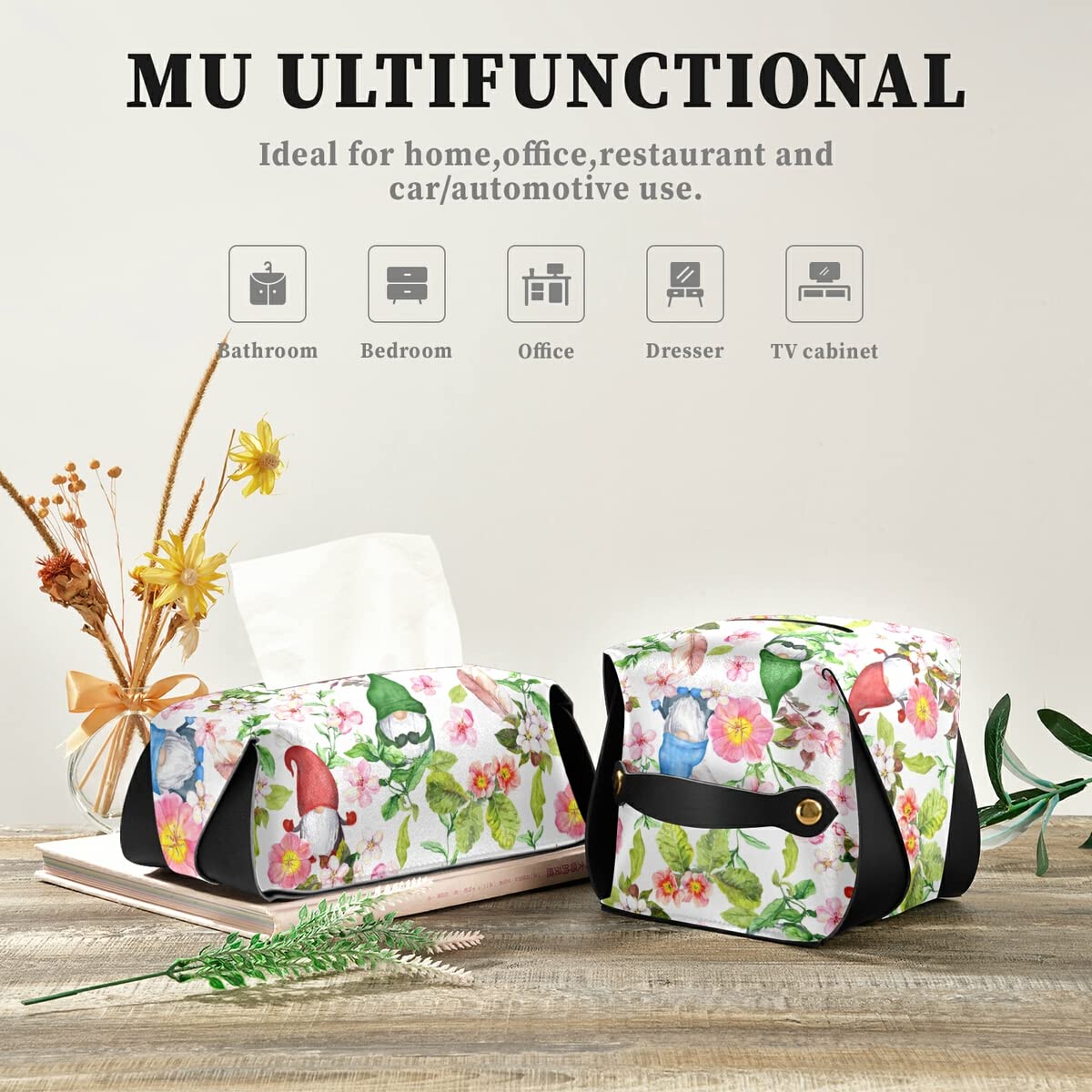 Decorative Leather Rectangular Tissue Box Cover with Cute Gnomes & Flowers - Tissue Dispenser Case for Hotel, Restaurant, Bedroom & Car Decor