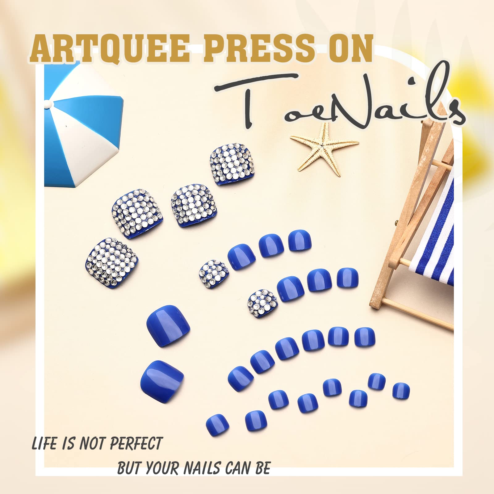 Artquee 28pcs Blue Press-On Toenails - Glossy Square Fake Nails with Rhinestones Design, False Toe Nail Kit for Women (14 Sizes) - Perfect for Beach Vacations, Pedicures & Summer Nail Art