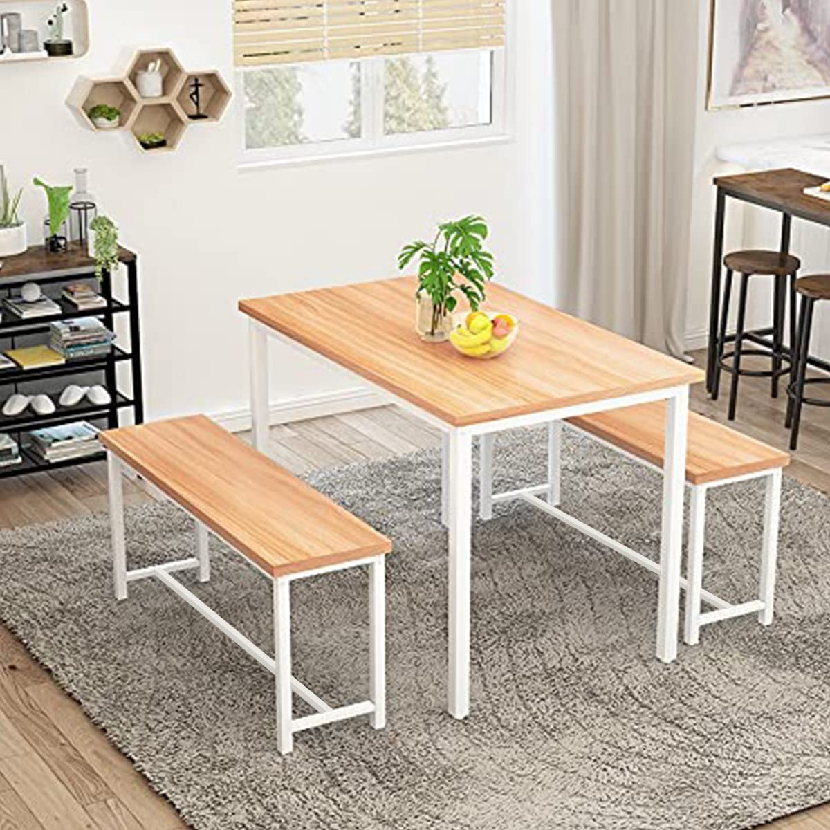 AWQM 3-Piece Dining Table Set with 2 Benches - Metal Frame & MDF Board Kitchen Table for 4 People - Perfect for Home, Breakfast Nook, Farmhouse, or Small Space Dining | Compact Dining Solution for Apartments, Kitchens & Cozy Cafes