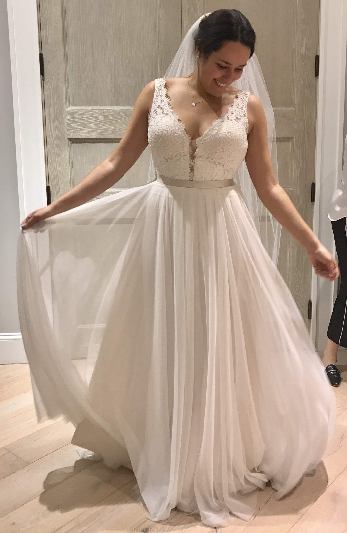 Mikaella 2193 Lace Long Sleeve A-Line Wedding Dress with Illusion Neckline - Perfect for Church, Beach, and Ballroom Weddings