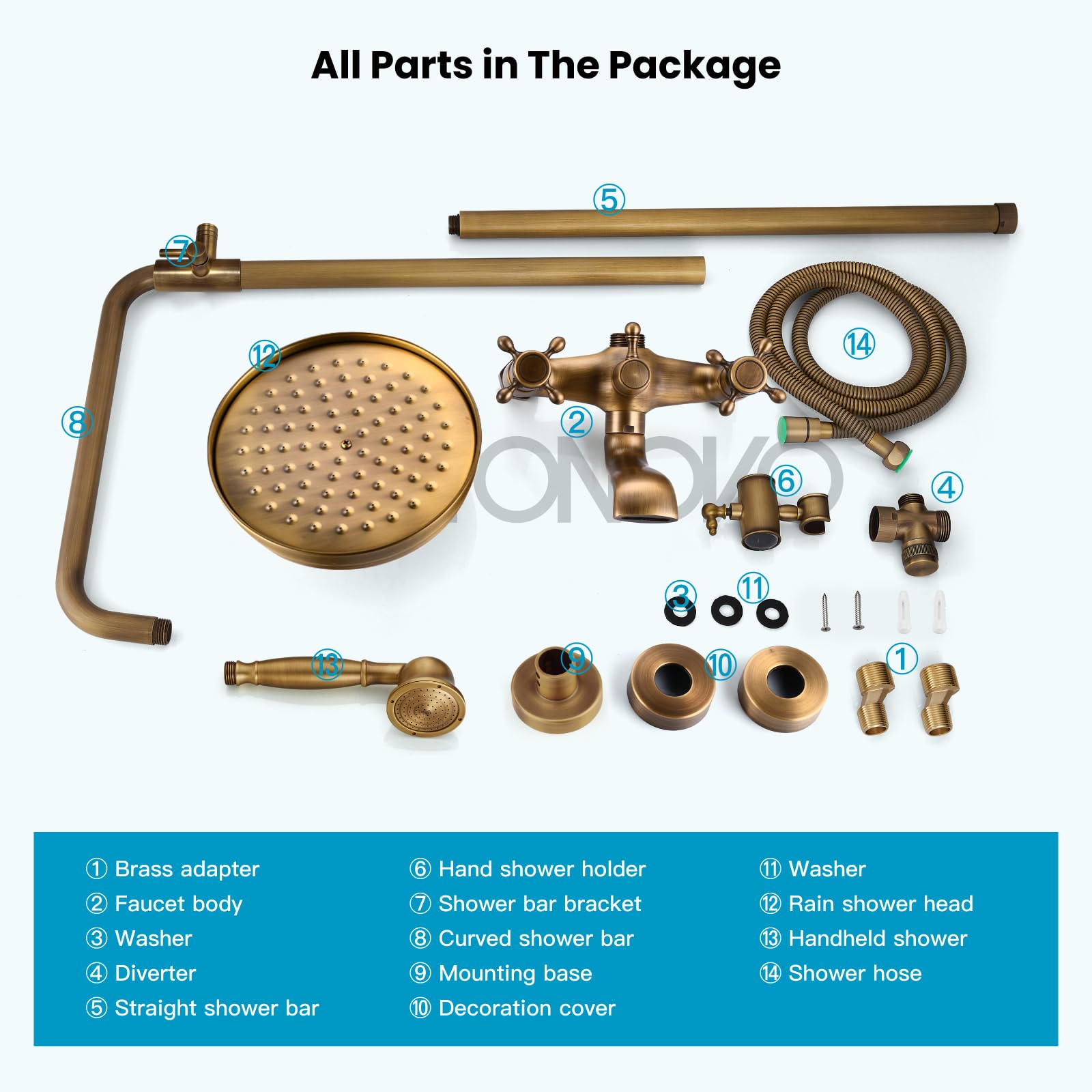 Gotonovo 8 Inch Round Rain Shower Head with Double Cross Handle & Tub Spout - 3 Function Wall Mounted Bathroom Shower Faucet Set in Antique Brass - Perfect for Modern & Vintage Bathroom Renovations