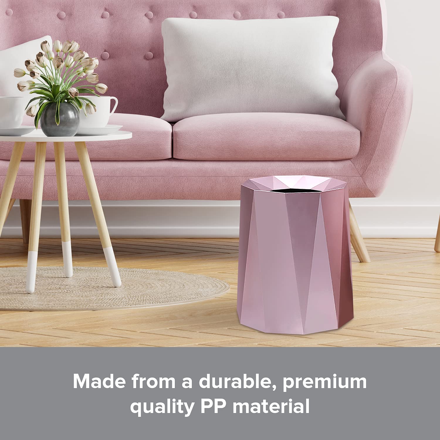 Premium Nordic Open Top Geometric Trash Can - Double Barrel Waste Bin with Removable Plastic Liner, 8L/2.1Gal Capacity - Elegant Rose Gold Garbage Can for Living Room, Bedroom & Bathroom | Perfect for Home, Office & Hotel Decor