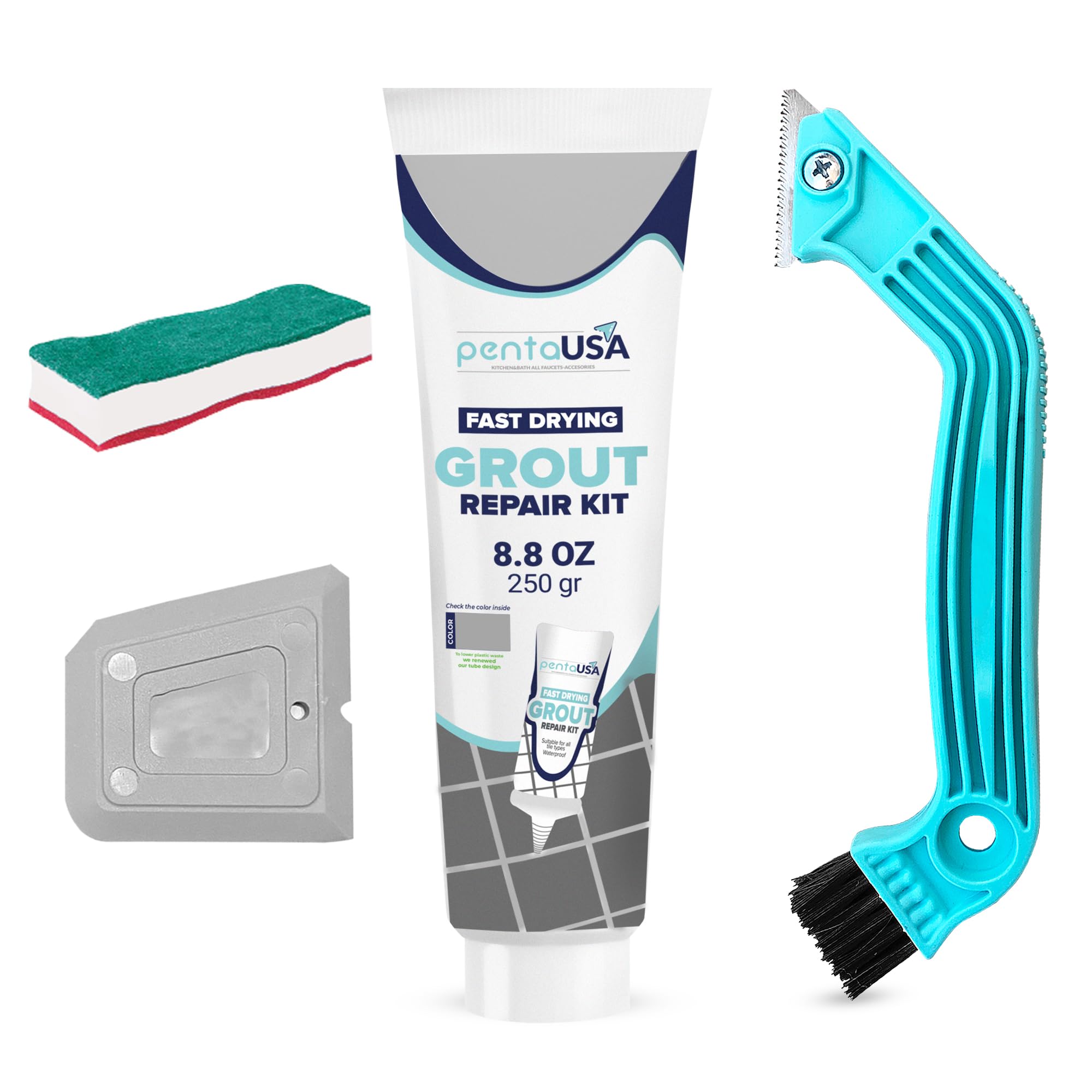 PentaUSA Tile Grout Repair Kit – Premixed Grout with Removal Tool, Saw, Sponge & Cleaner (8.8oz/250g, Gray) – Perfect for Bathroom, Kitchen & Floor Tile Restoration