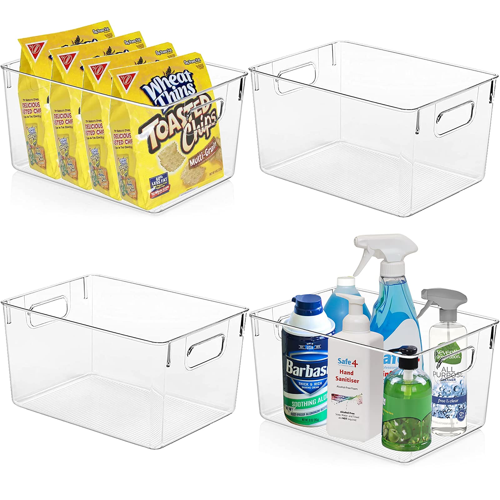 4 Pack Clear Plastic Storage Bins - Kitchen Organizers for Fridge, Pantry & Cabinet | Countertop & Bathroom Storage Containers | Perfect for Food, Spices, Toiletries & Home Organization