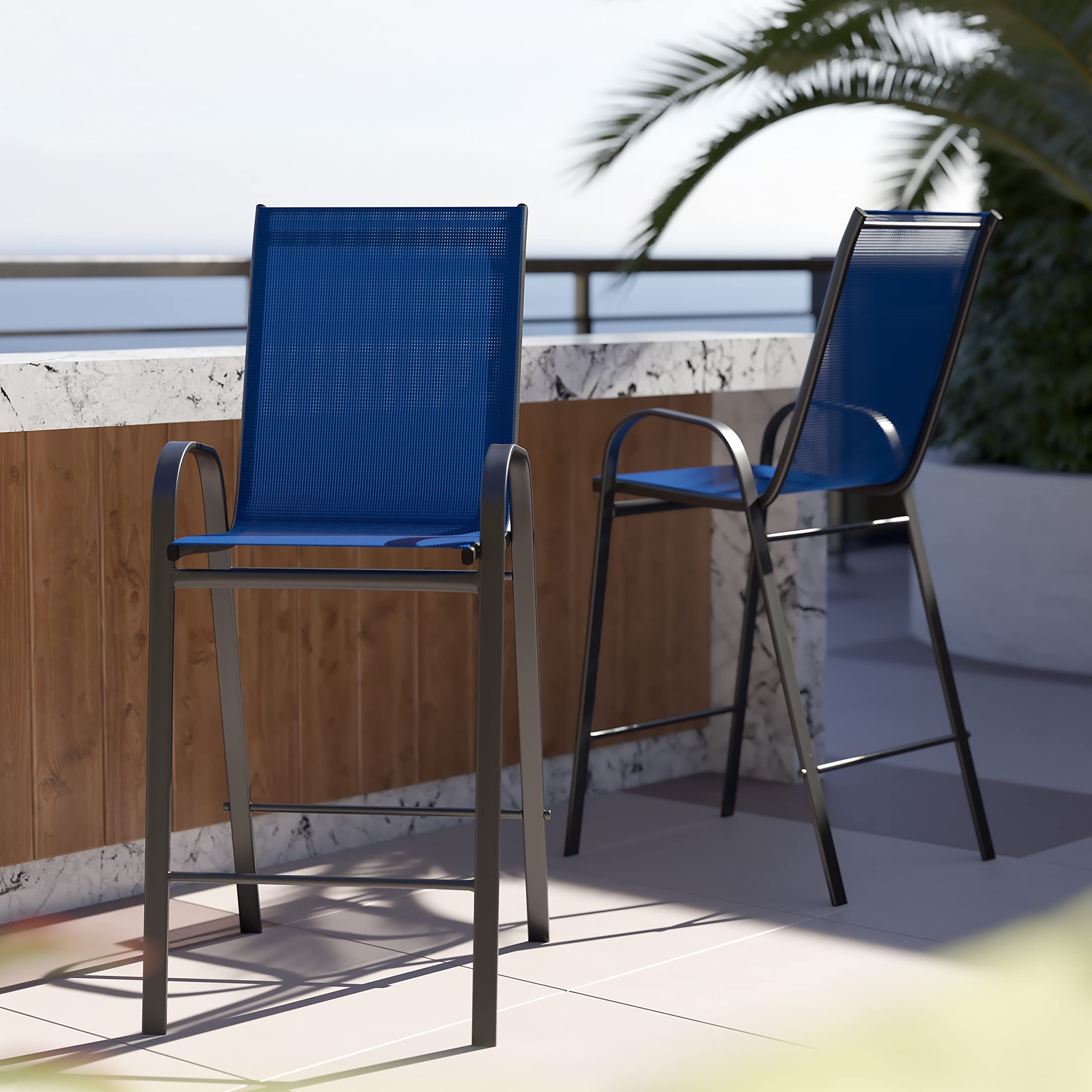 Flash Furniture 2 Pack Brazos Series Navy Blue Outdoor Bar Stools with Flex Comfort Material & Durable Metal Frame - Perfect for Patio, Deck, Poolside & Backyard Entertaining