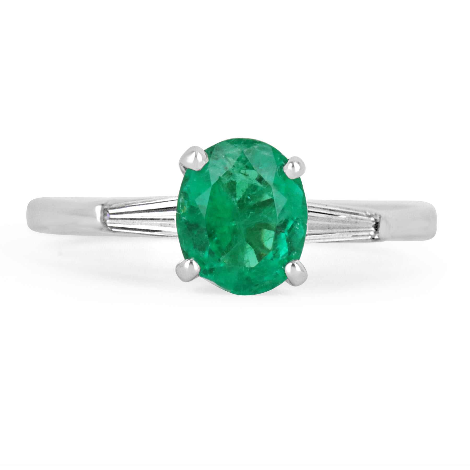 1.48tcw Colombian Emerald Oval Cut & Tapered Baguette Diamond Ring Set In Platinum - Elegant Wedding, Engagement & Anniversary Jewelry Gift for Women