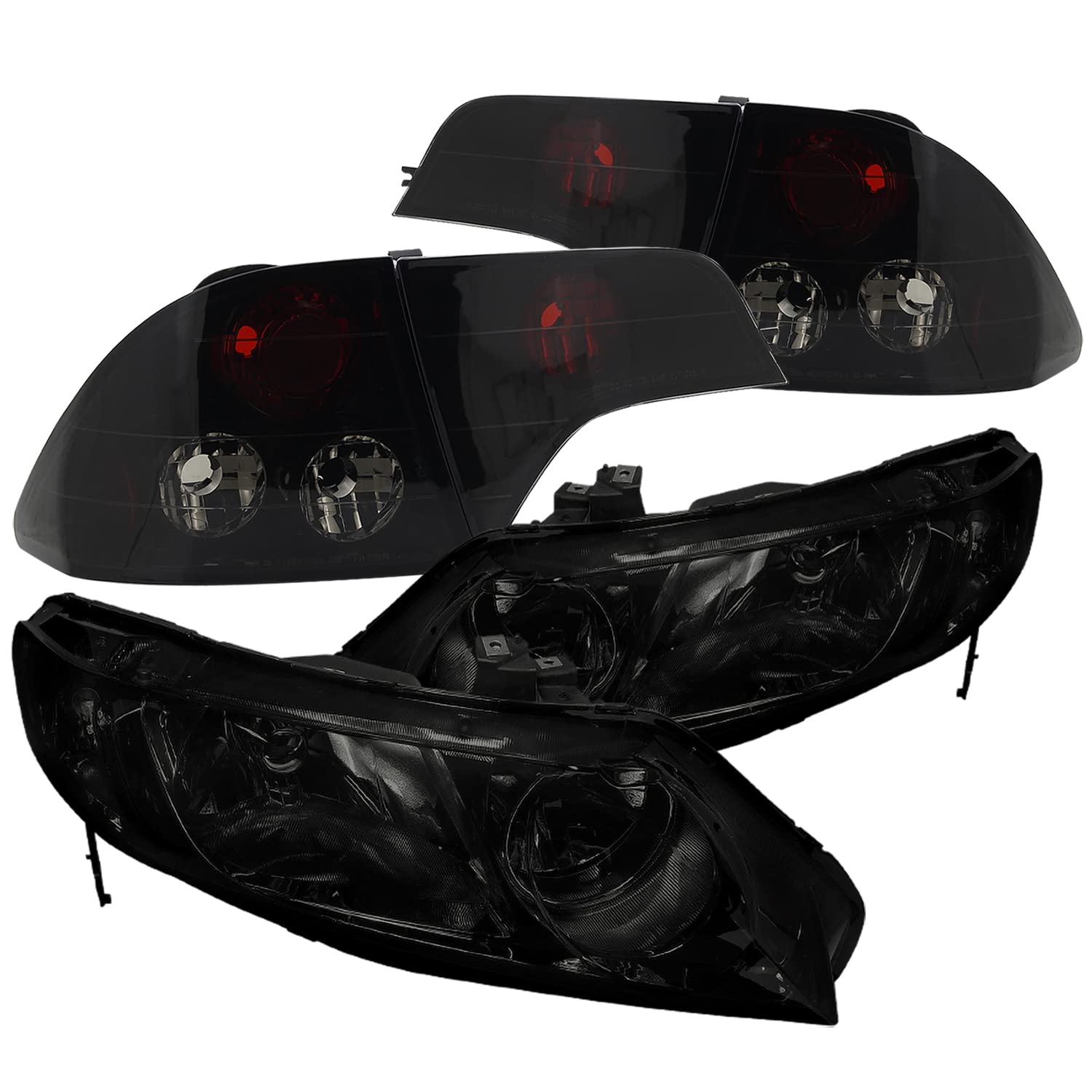Spec-D Tuning Smoked Headlights & Glossy Black Tail Brake Lamps for Honda Civic 4-Door - Upgrade Your Ride with Stylish Lighting for Night Driving & Car Shows