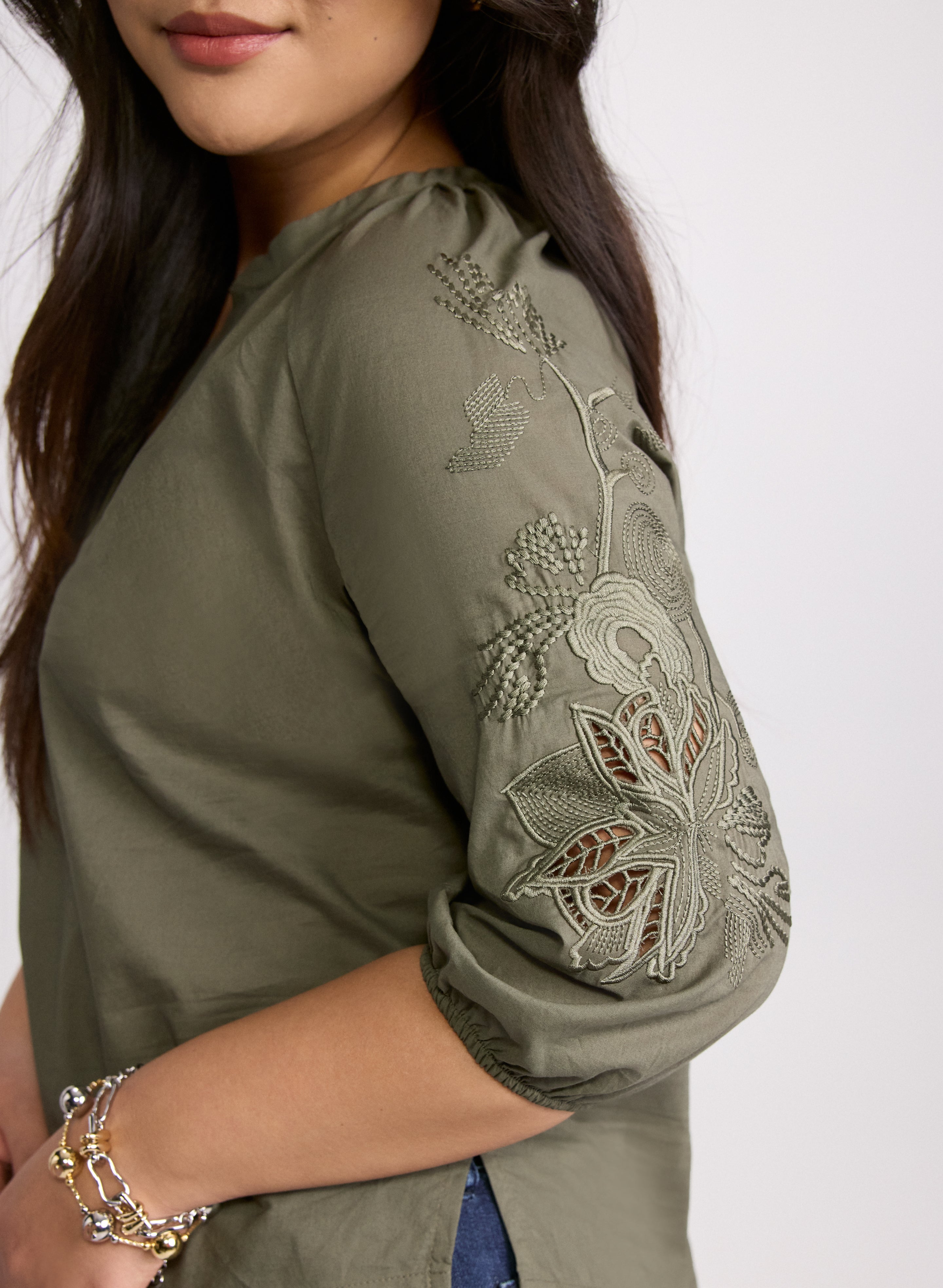 Embroidered 3/4 Sleeve Blouse for Women - Floral Lace Tops Casual Office Wear - Perfect for Spring Summer Fashion & Business Attire