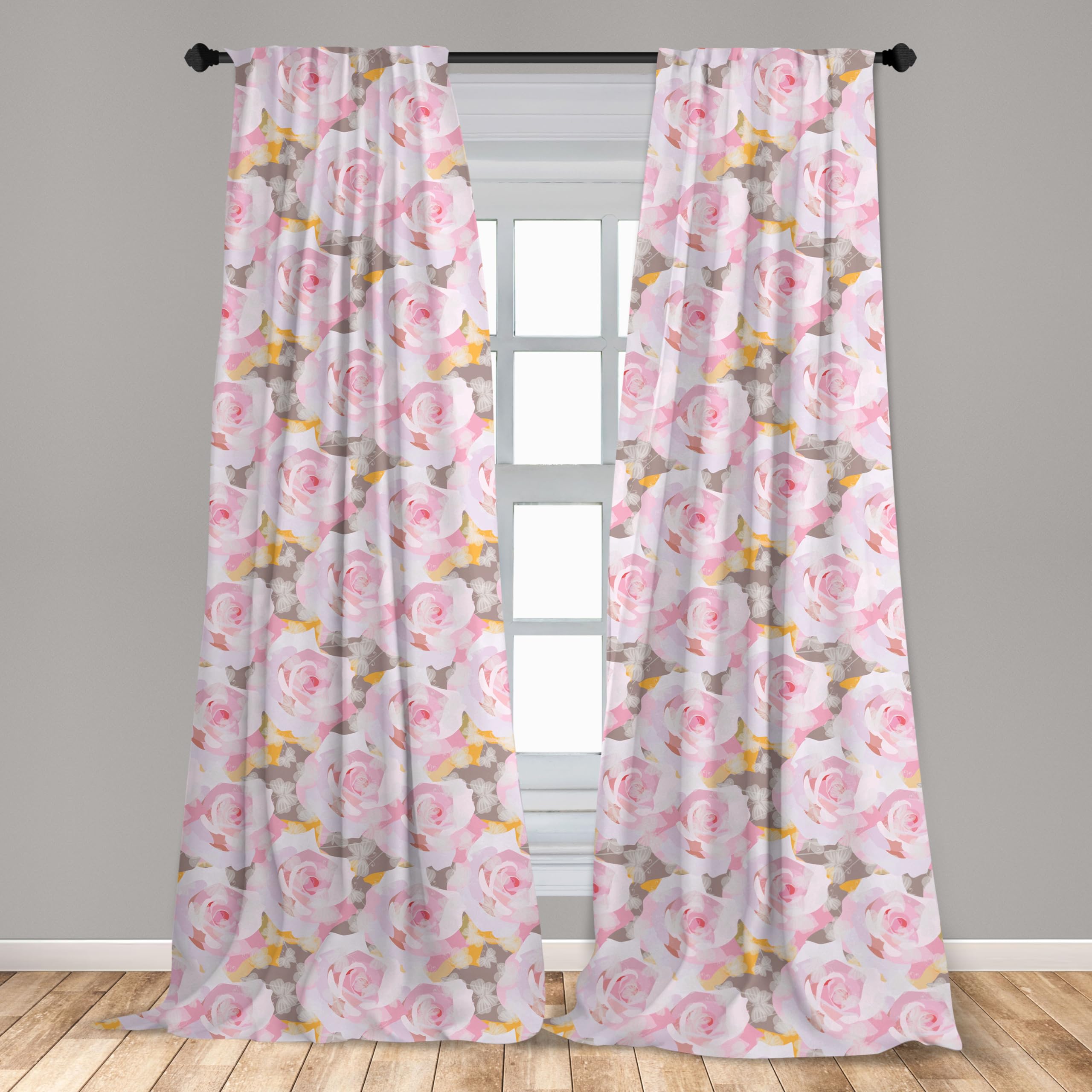 Ambesonne Floral Window Curtains - Pastel Pink Roses & Butterflies Romantic Design, Lightweight Decor 2-Panel Set with Rod Pocket (28x84 Inches) - Perfect for Bedroom, Living Room & Nursery Decor