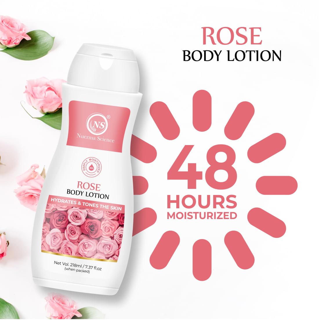 Nuerma Science Rose Body Lotion - Deep Moisturizing & Hydrating Skin Care for Dry Skin | Quick Absorbing, Lightweight Formula for Women & Men | Soothing & Nourishing Body Lotion with Rose Extract (218ml) | Perfect for Daily Hydration, After Shower & Nighttime Skin Care