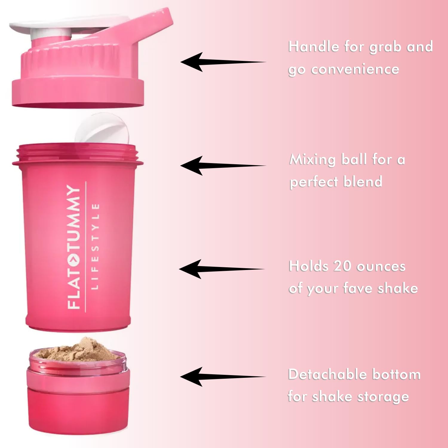 20oz Pink Protein Shaker Bottle with Storage Compartment & Mixing Ball - Leakproof Workout Shaker for Women - Perfect for Gym, Pre-Workout & Post-Workout Protein Drinks