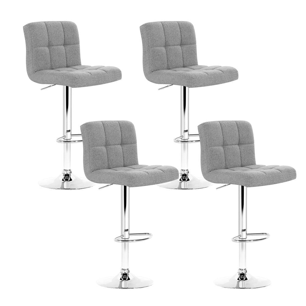 4 Bar Stools with Gas Lift Mechanism - Grey Fabric Upholstered Counter Height Stools for Kitchen Island, Breakfast Bar & Dining Room