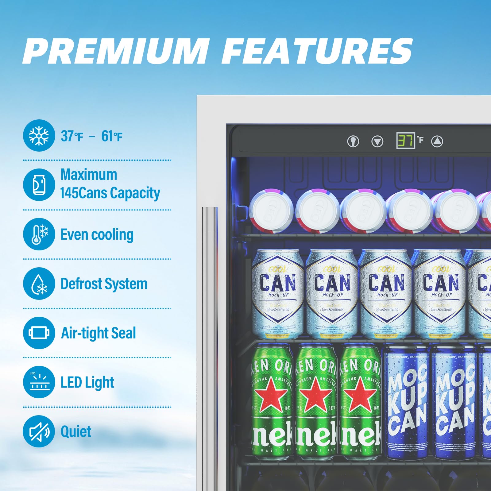 4.5 Cu Ft Mini Fridge - 145 Can Capacity Freestanding Beverage Cooler with Glass Door, Adjustable Shelves & Digital Display - Perfect for Soda, Beer, Wine Storage in Home, Office, Dorm or Bar