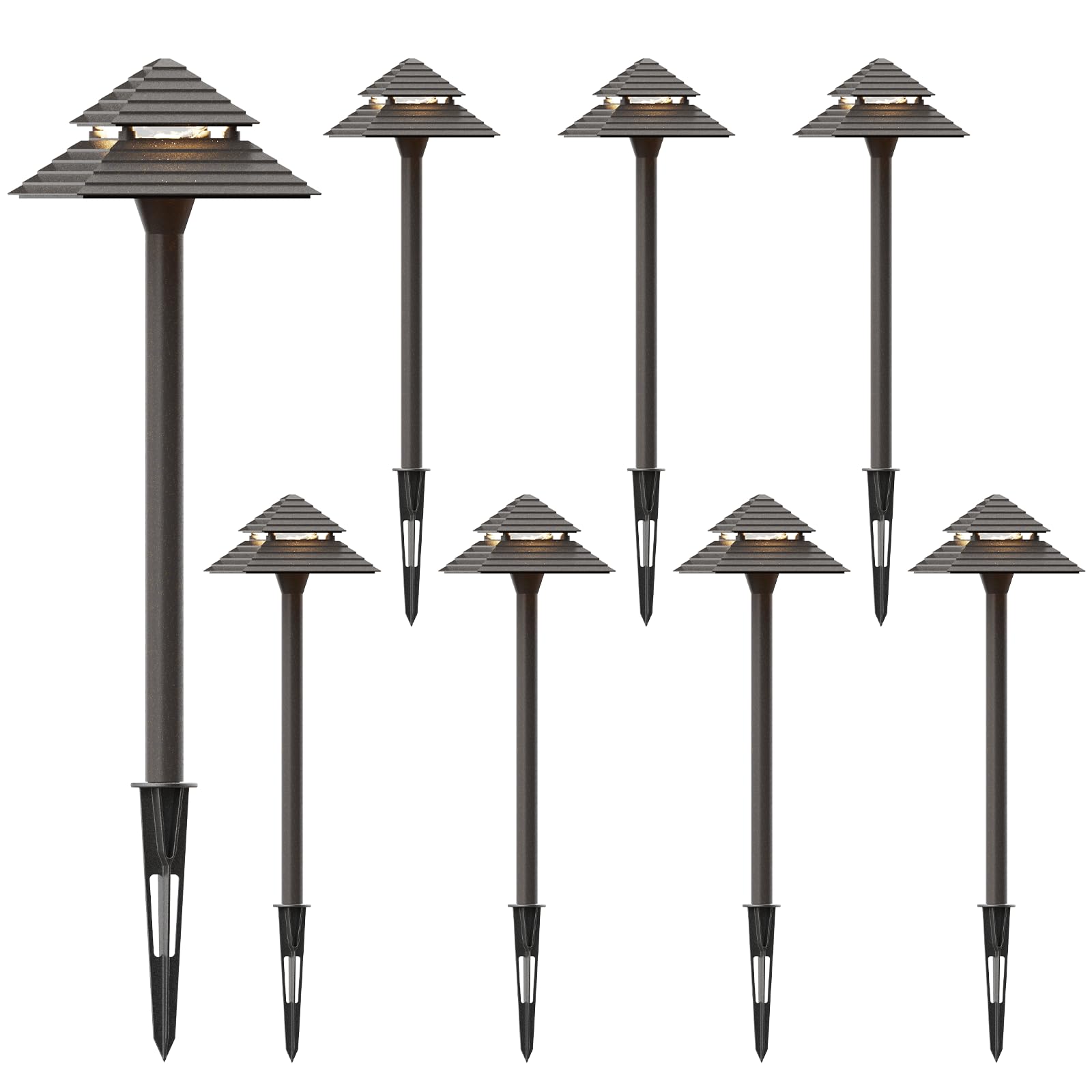 GOODSMANN 8-Pack Low Voltage Outdoor Path Lights - 2-Tier Pagoda Design, 3W LED (180 Lumen, 3000K Warm White) Bronze Landscape Lighting for Driveway, Garden & Walkway - Weatherproof Wired Pathway Lights