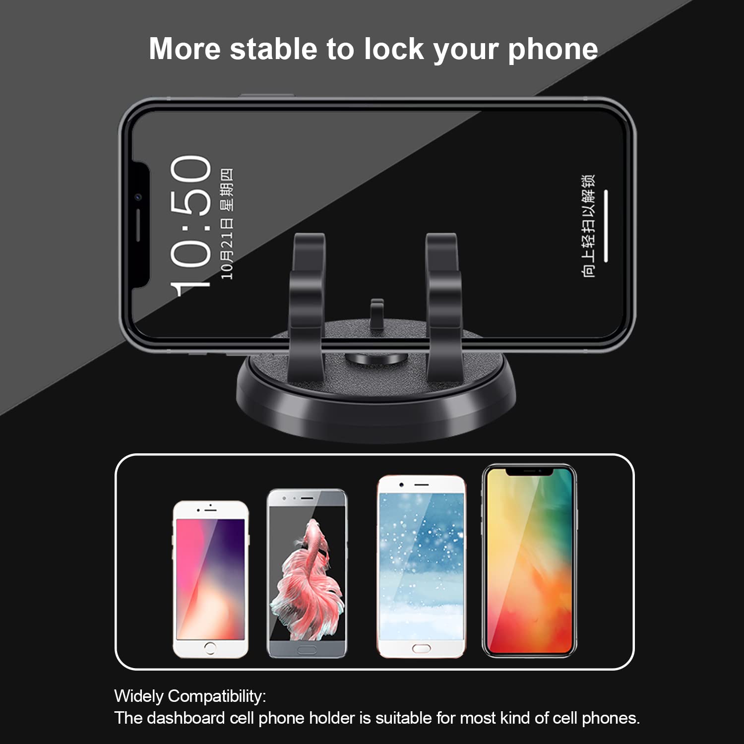 360° Rotating Car Phone Mount - Universal Dashboard Phone Holder for iPhone, Samsung & Android Smartphones - Adjustable Vertical/Horizontal View for Safe Driving - Perfect for GPS Navigation & Hands-Free Calls (Black, 1-Pack)