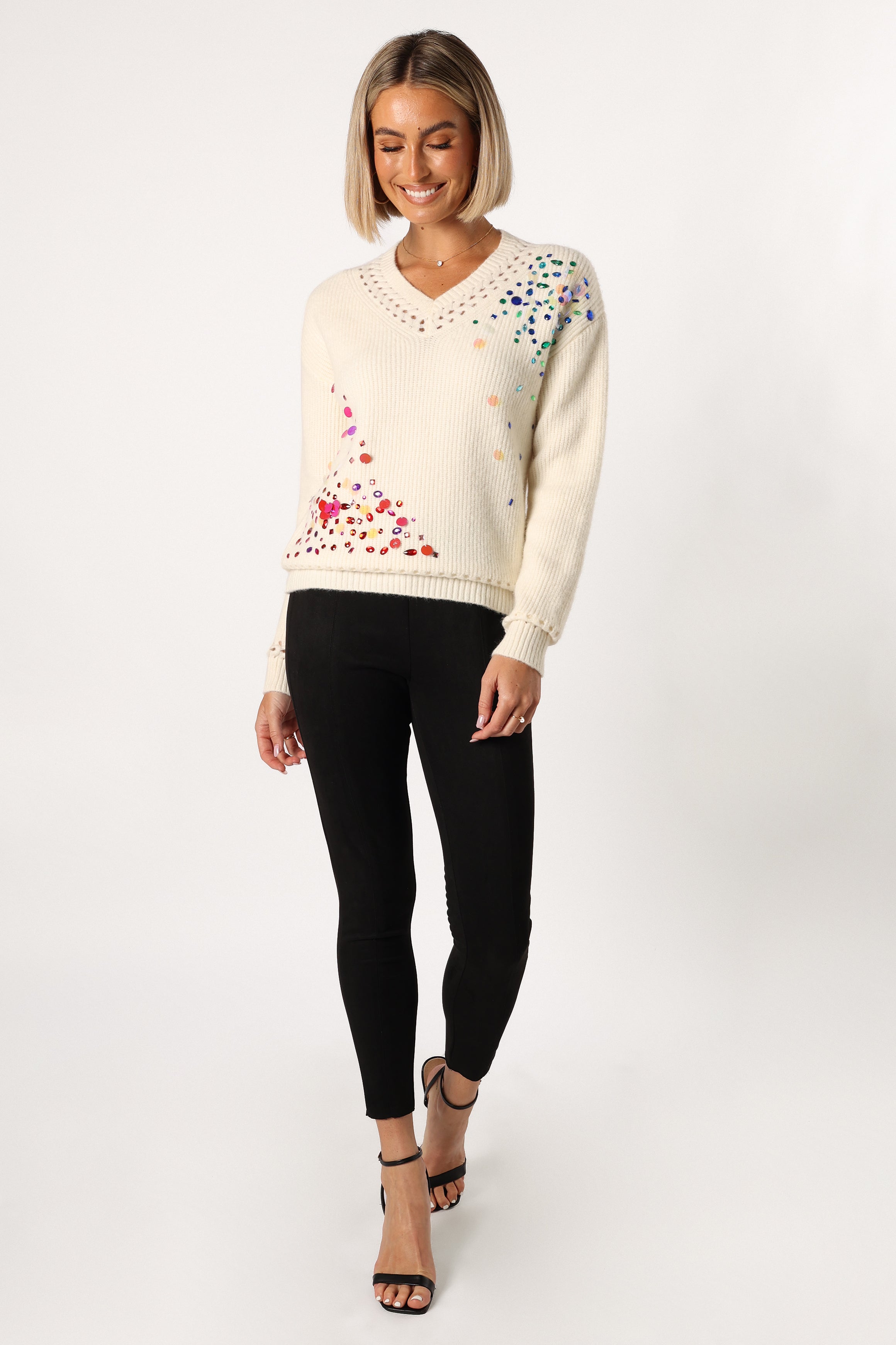 Journee Jewel Embellished V-Neck Knit Sweater in Cream | Women's Elegant Winter Pullover | Perfect for Holiday Parties & Office Wear