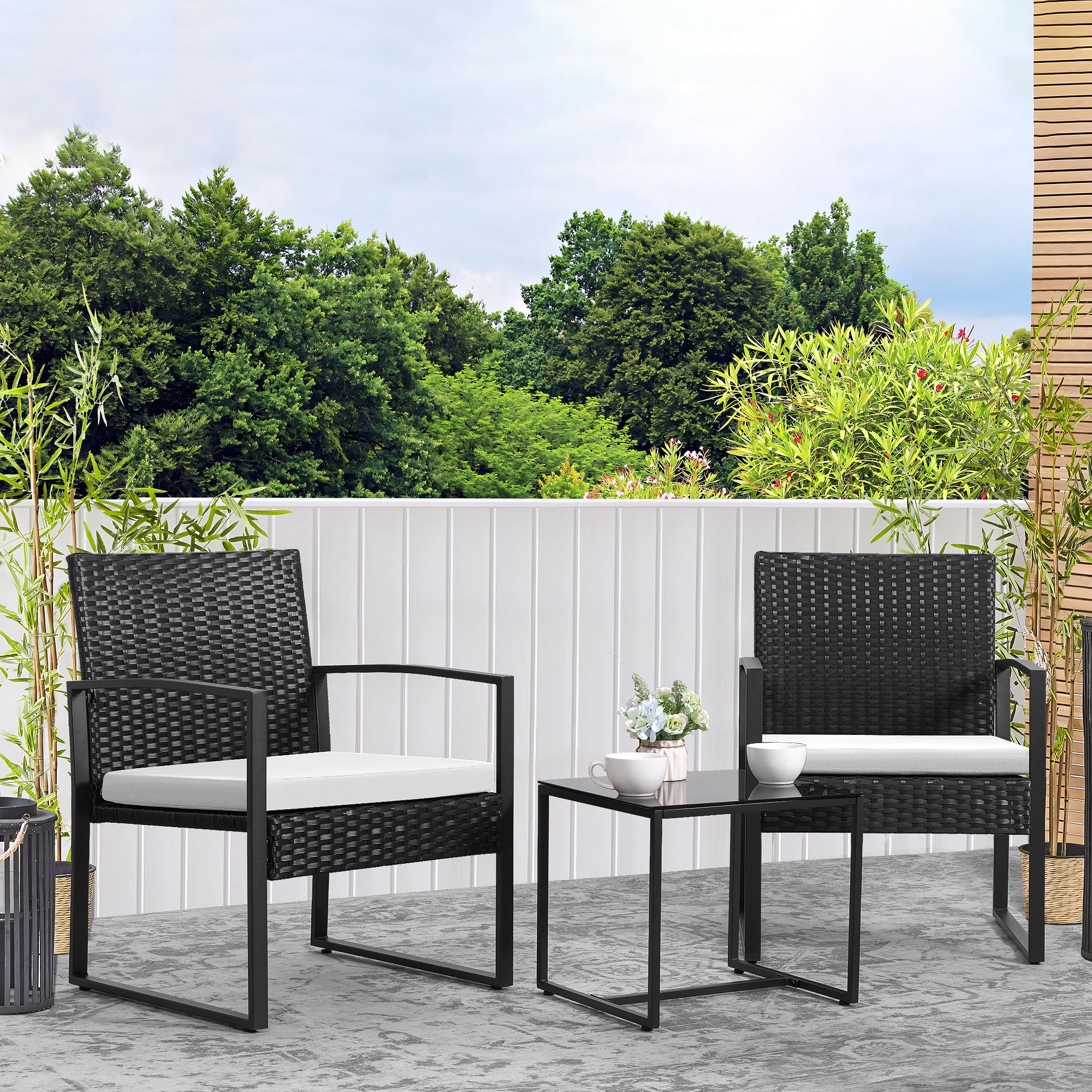 Devoko 3-Piece White Wicker Patio Set - Outdoor Rattan Furniture with Coffee Table & Cushions - Conversation Set for Balcony, Porch, Garden or Bistro - Perfect for Relaxing & Entertaining Outdoors