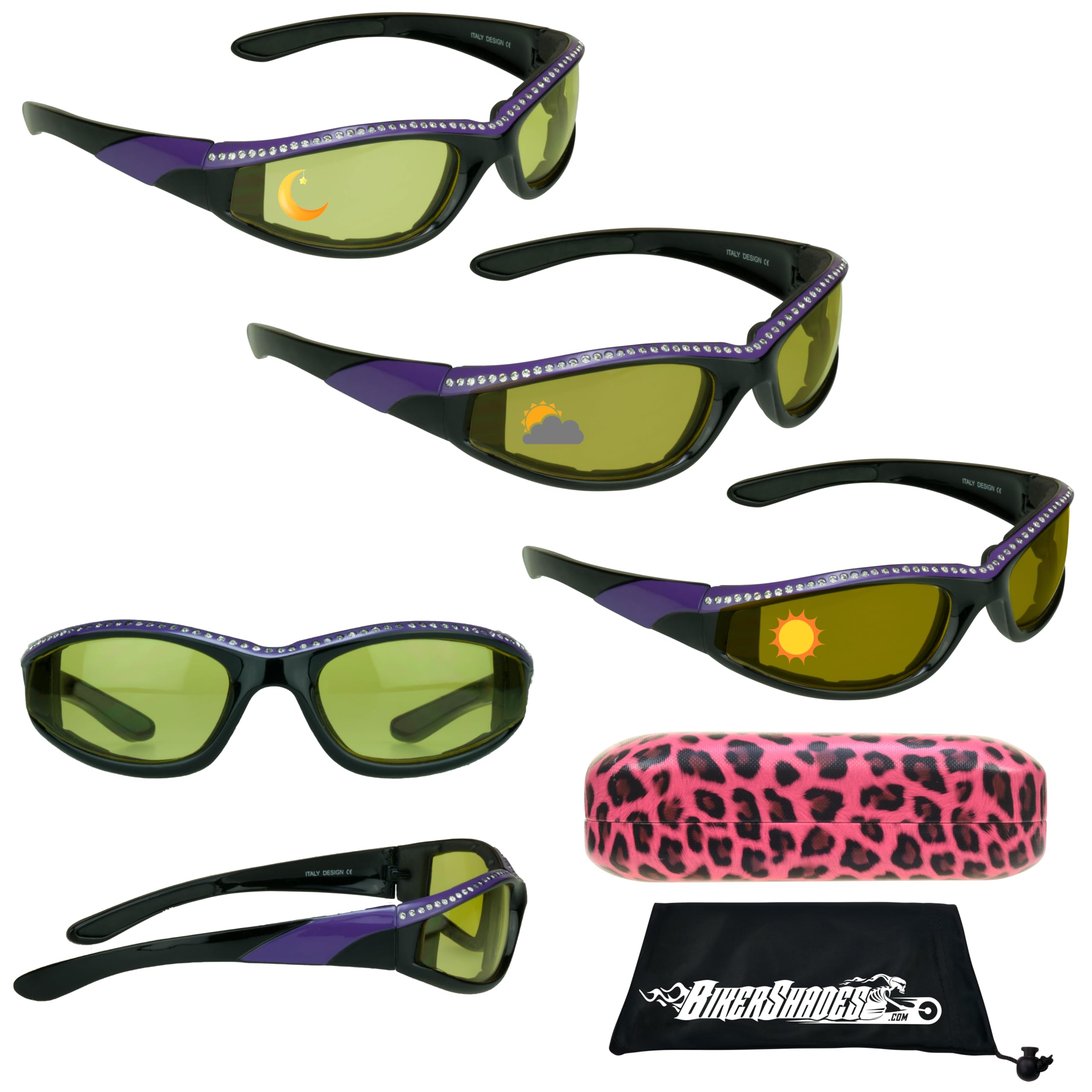 Women's Photochromic Motorcycle Riding Glasses - Transitional Biker Shades with Rhinestones, Day & Night Light Adjusting for Comfortable Riding - Perfect for Commuting, Touring & Outdoor Adventures