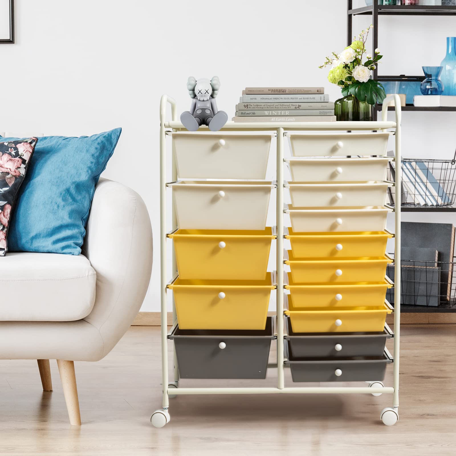 15-Drawer Rolling Storage Cart with Removable Drawers & Sturdy Steel Frame - Multipurpose Utility Organizer with Smooth-Gliding Wheels & Ergonomic Handle - Perfect for Home Organization, Classroom Supplies, Office Storage & Retail Displays