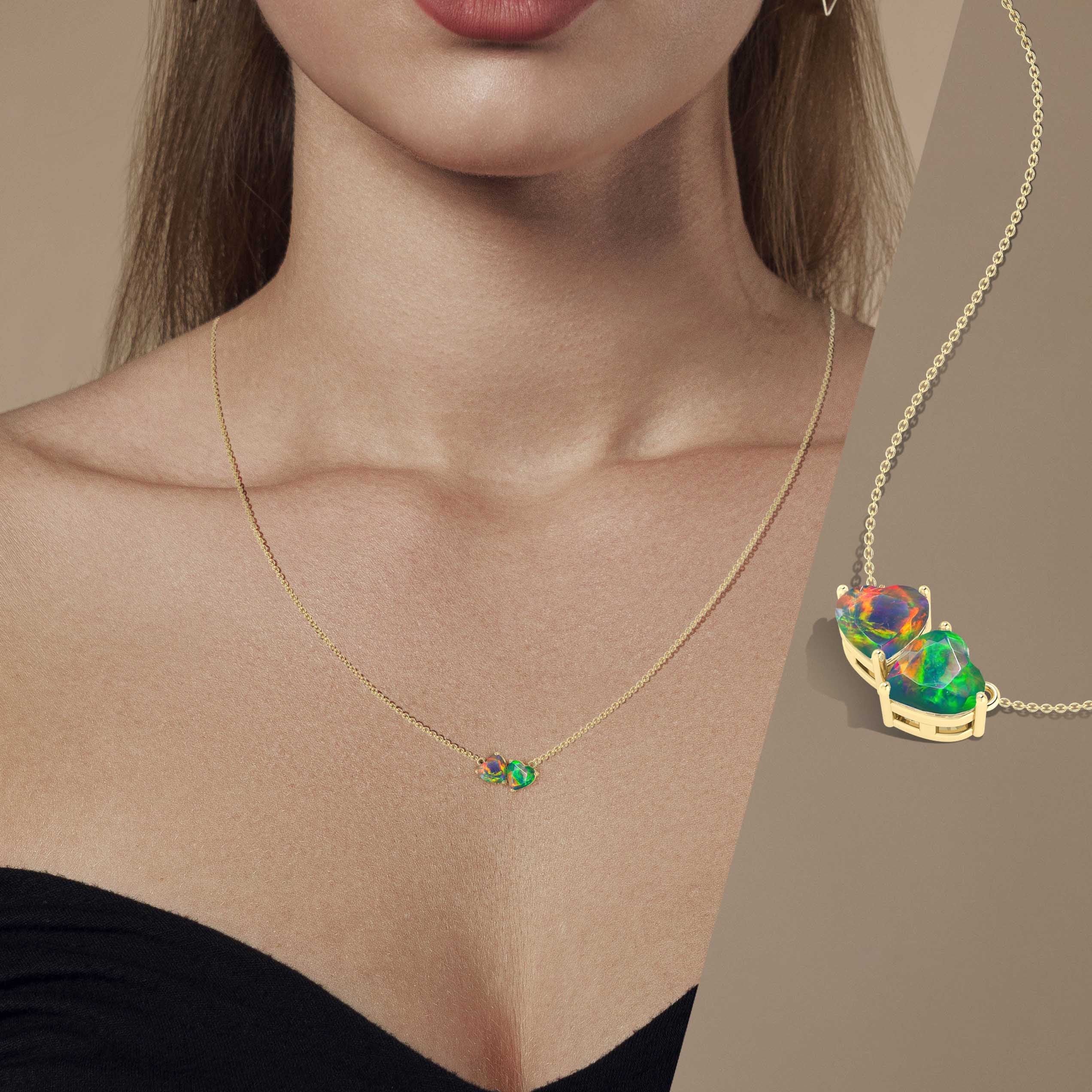 Multifire Black Opal Dual Heart Pendant Necklace - Elegant Jewelry Gift for Women, Valentine's Day & Anniversary - Perfect for Romantic Occasions & Special Events