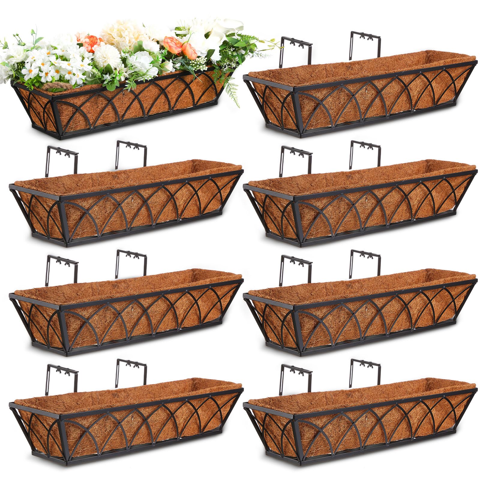 8 Pack 16 Inch Black Metal Window Deck Railing Planters with Coconut Liner - Outdoor Hanging Flower Boxes for Balcony, Fence, Porch, Patio & Lawn Decor | Perfect for Herbs, Flowers & Small Plants