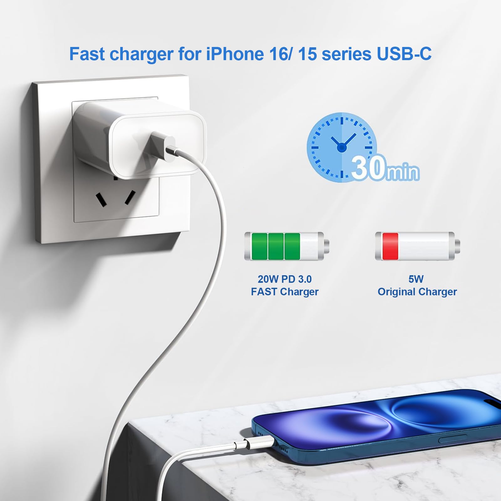 10ft USB-C to USB-C Fast Charging Cable for Apple iPhone 16/15 Pro Max, iPad, AirPods 4 - 20W Power Delivery, Durable 10-Foot Long White Charger Cord (1 Pack) - Perfect for Home, Office, and Travel Charging