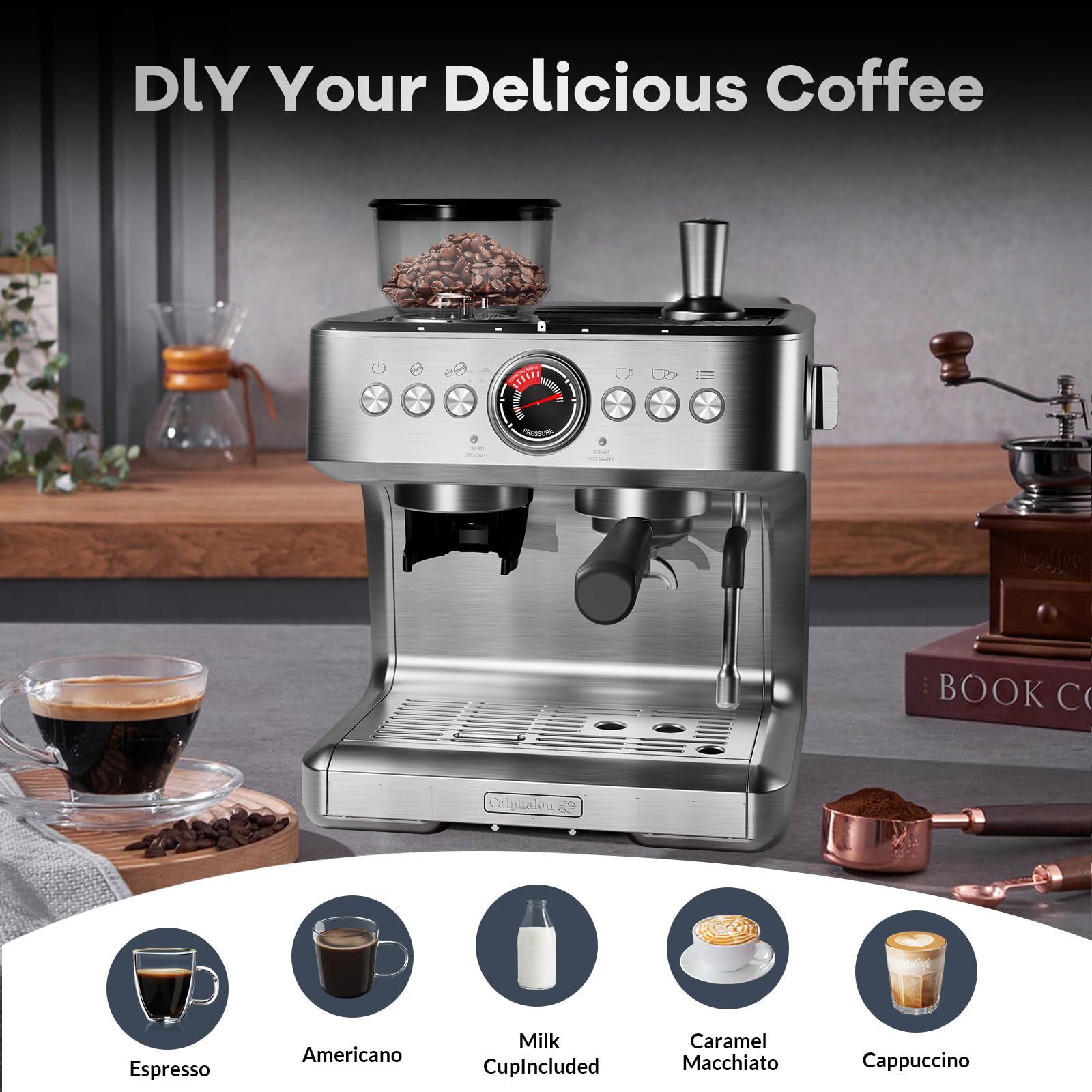 Professional 20 Bar Espresso Coffee Machine with Built-in Grinder & Milk Frother, 2.8L Water Tank, 15 Grinding Settings - Perfect for Home Baristas Making Espresso, Cappuccino & Latte | Ideal for Kitchen Countertops, Office Break Rooms & Small Cafés