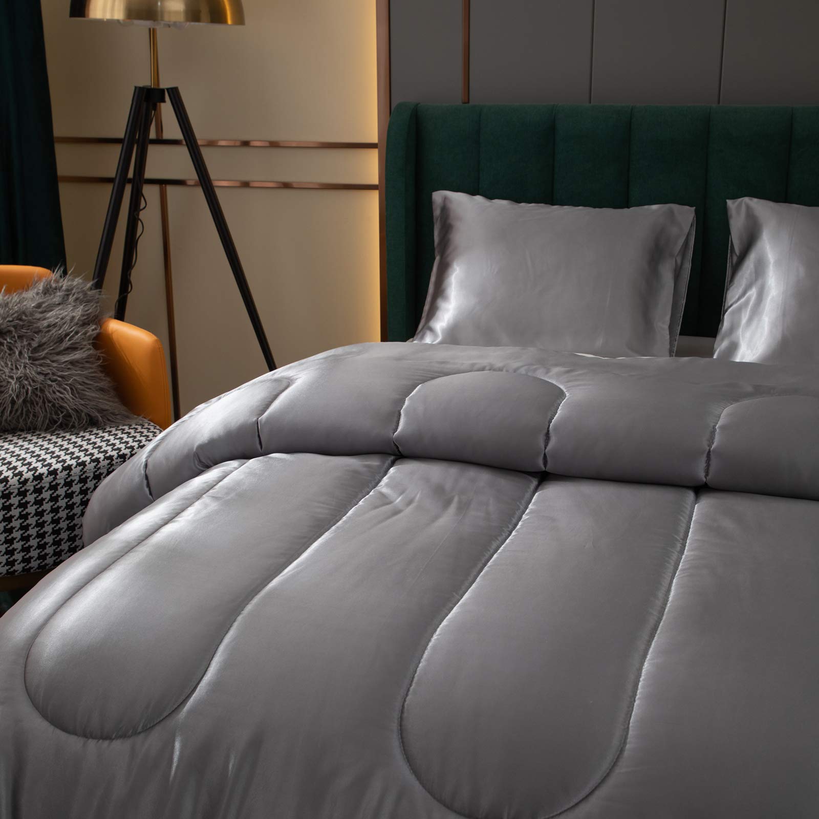 Luxury Satin Comforter Set Queen Size - Soft Grey Silky Bedding with 2 Pillowcases for Ultimate Comfort | Perfect for Master Bedroom, Guest Room & Cozy Nights