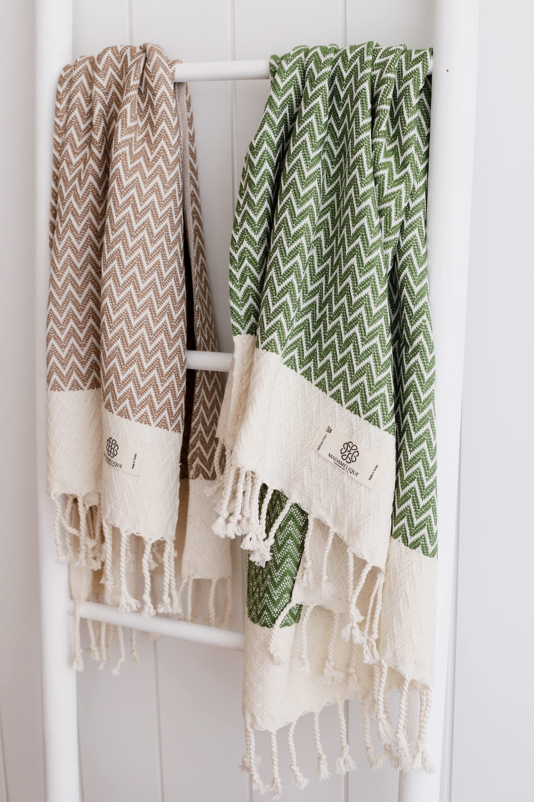 Madamelique Exclusive 100% Cotton Hand Towels Set of 2 (18x40 Inches) - Soft Absorbent Peshtemal Bath Towels for Bathroom, Kitchen, Yoga & Spa - Olive Green Decorative Turkish Towels for Hand, Face, Hair & Dish Drying - Perfect for Home, Travel & Gift Giving