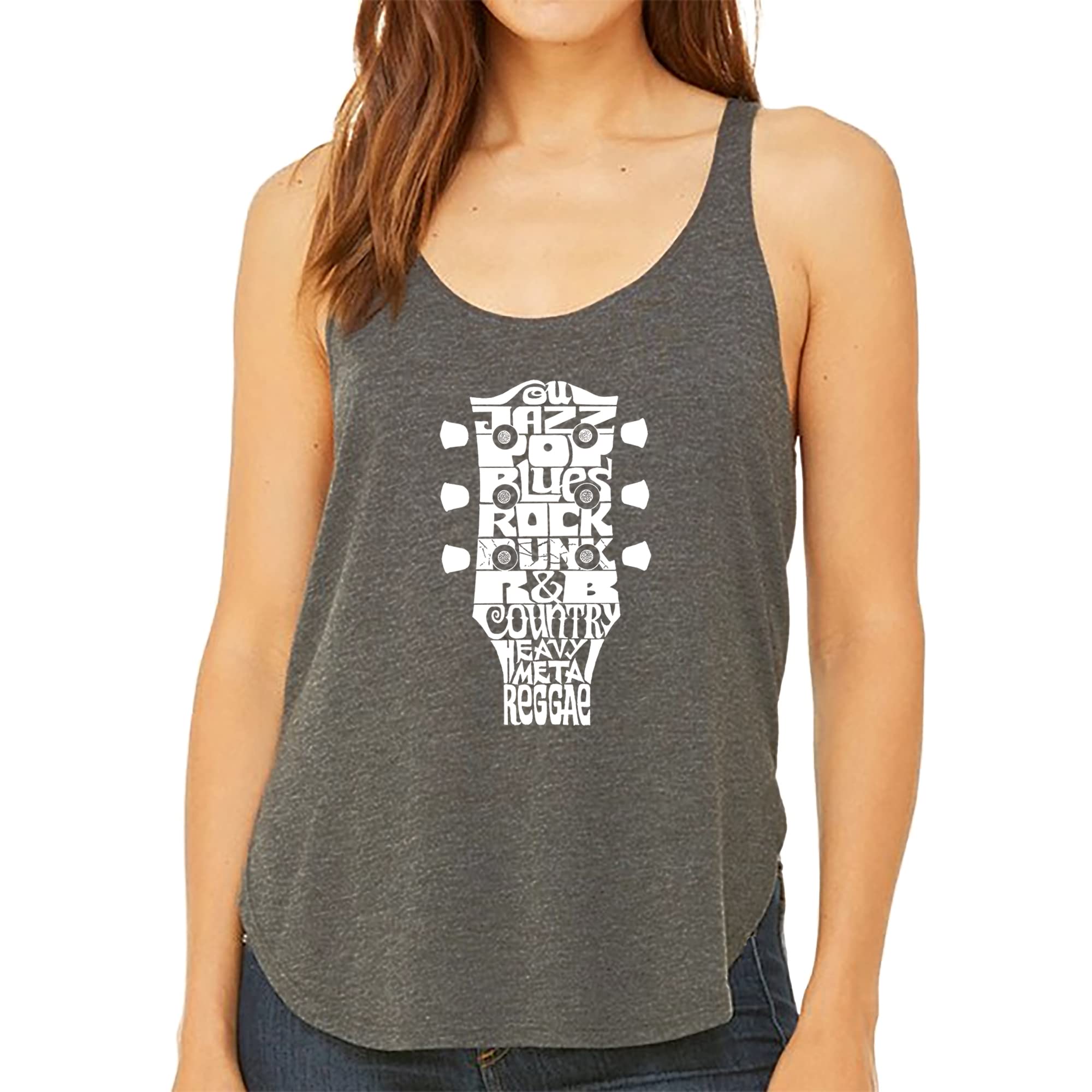 LA POP ART Women's Premium Word Art Flowy Tank Top - Guitar Music Genres Graphic Tee | Casual Summer Tops for Concerts & Music Festivals