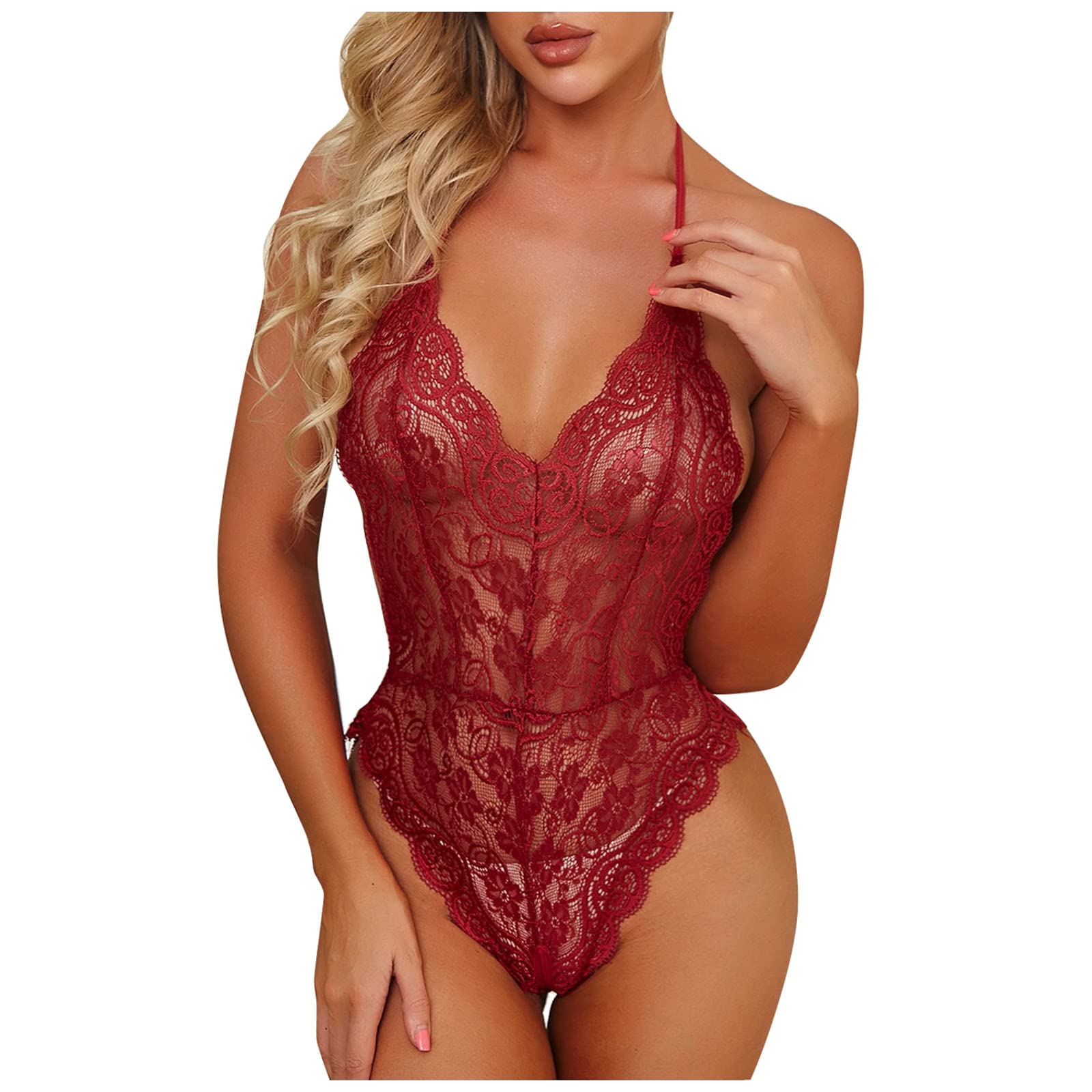 Sexy Lingerie for Women - See-Through Lace Bodysuit Halter Babydoll Corset Teddy Mesh Pajamas Underwear - Perfect for Romantic Nights, Boudoir Photography & Special Occasions (Wine Red)