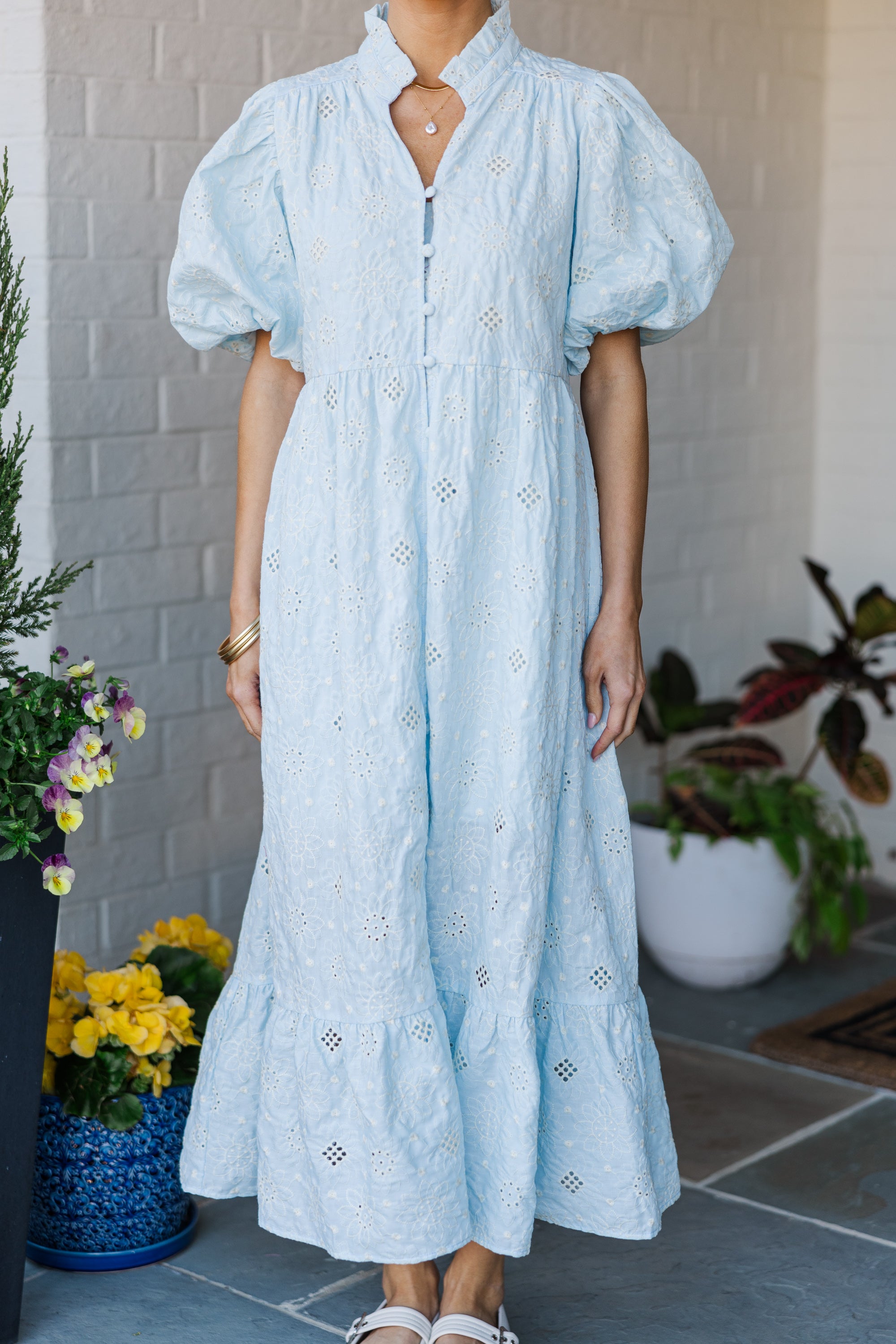 Light Blue Eyelet Midi Dress for Women - Floral Lace Summer Dress with Short Sleeves - Perfect for Beach Vacations, Garden Parties & Date Nights