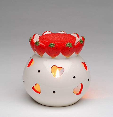 Premium Ceramic Strawberry Tart Tea Light Candle Holder with Red Heart Design - Includes Tea Light Candles (4.25 Inch) - Perfect for Romantic Dinners, Home Decor & Aromatherapy