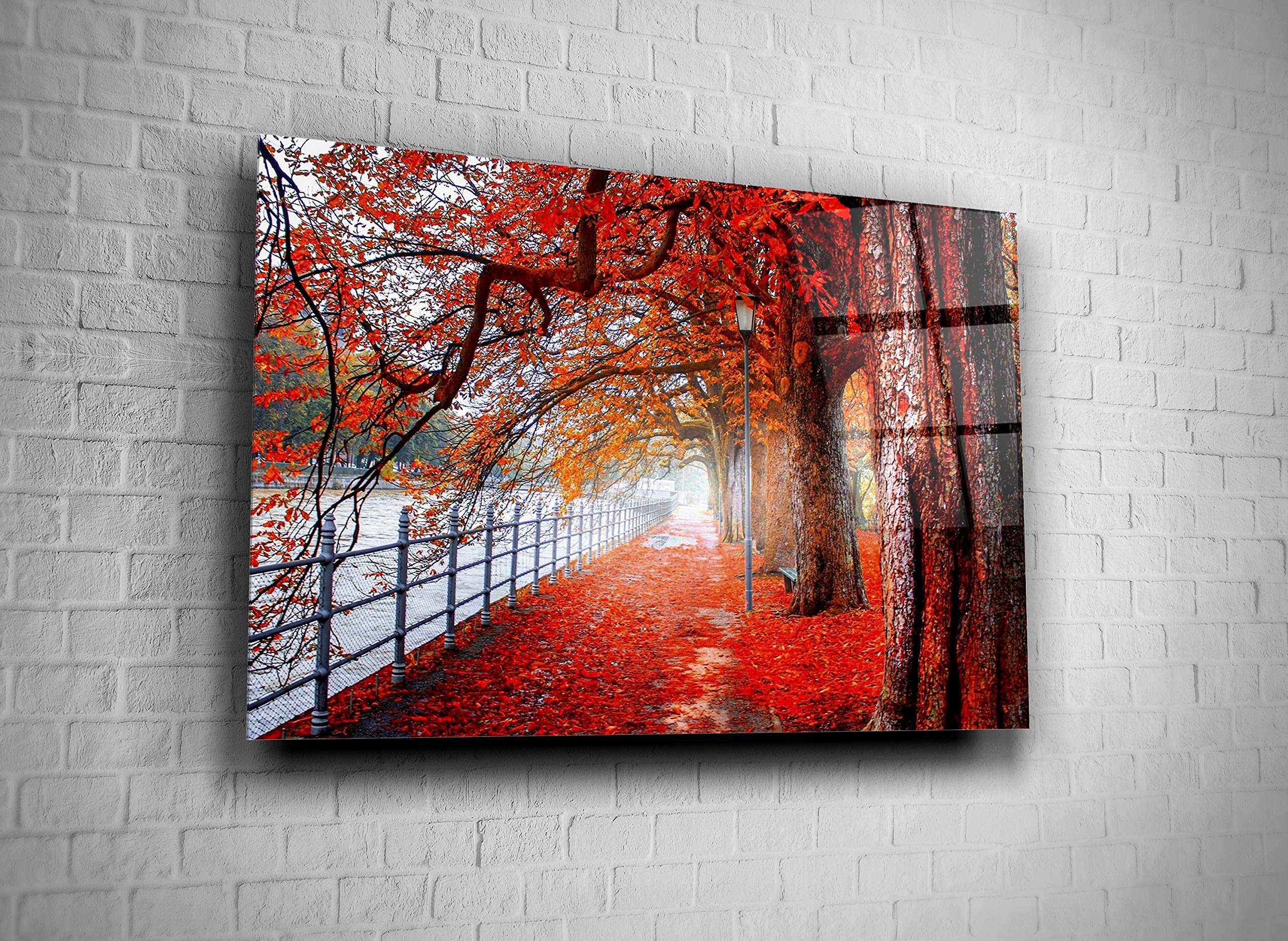 Autumn Park Landscape Art - Beautiful Trees & River City View Tempered Glass Wall Decor for Home, Office, Hotel - Modern Nature Art Gift (24x36) - Perfect for Living Room, Bedroom & Corporate Spaces