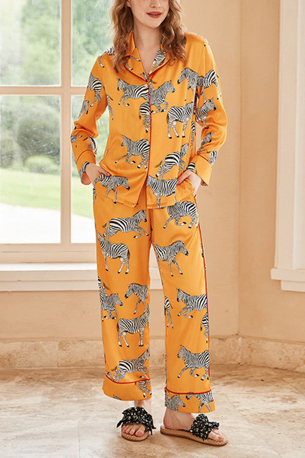 Yellow Zebra Print Long Sleeve Two-Piece Pajama Set - Cozy Loungewear for Women, Soft Sleepwear & Home Outfit for Relaxing Evenings