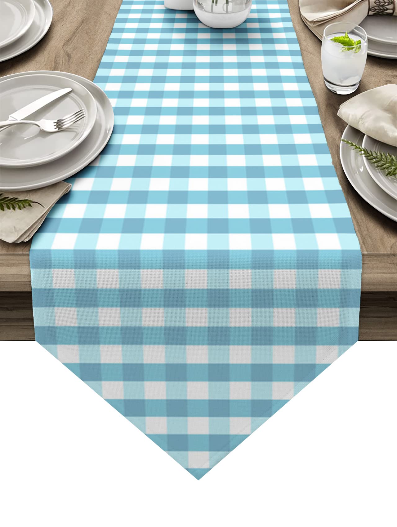 ZFUNCING Cotton Linen Table Runner - Country Blue White Plaid Buffalo Check Dresser Scarf for Dining Room, Kitchen Decor | Perfect for Easter, Holiday Parties & Farmhouse Home Decoration