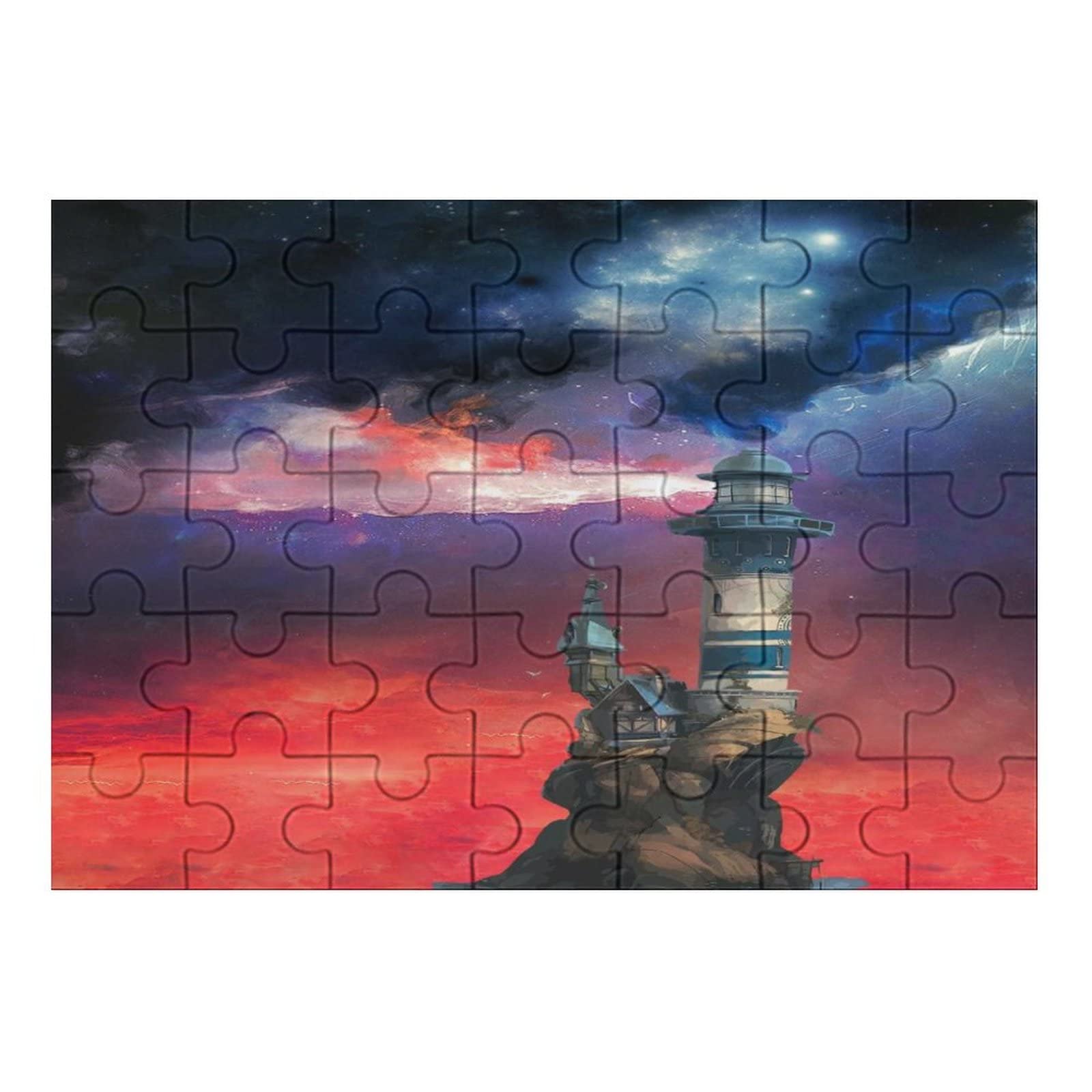 Nautical Lighthouse Wooden Puzzle - 35 Piece Irregular Wooden Block Brain Teaser Game for Kids & Adults | Ocean Theme Magic Flame Red Island Jigsaw Puzzle for IQ Development | Perfect for Family Game Night & Educational Playtime