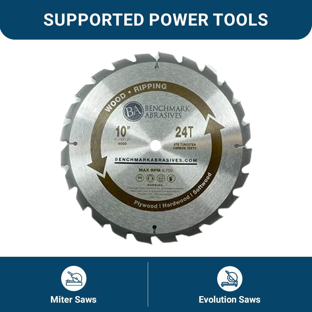 Benchmark Abrasives 10 Inch 24-Tooth TCT Saw Blade - Tungsten Carbide Tipped Circular Saw Blade for Wood Cutting | 5/8