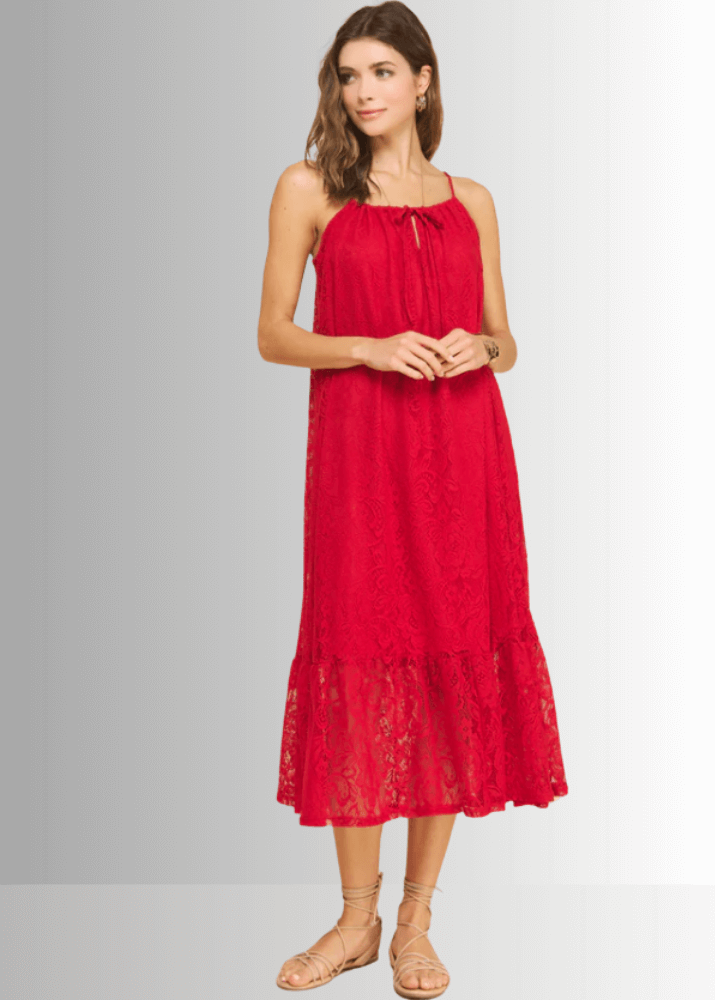Gianna Lace Front Tie Midi Dress in Red | Elegant Women's Party Dress for Weddings, Cocktail Parties & Special Occasions