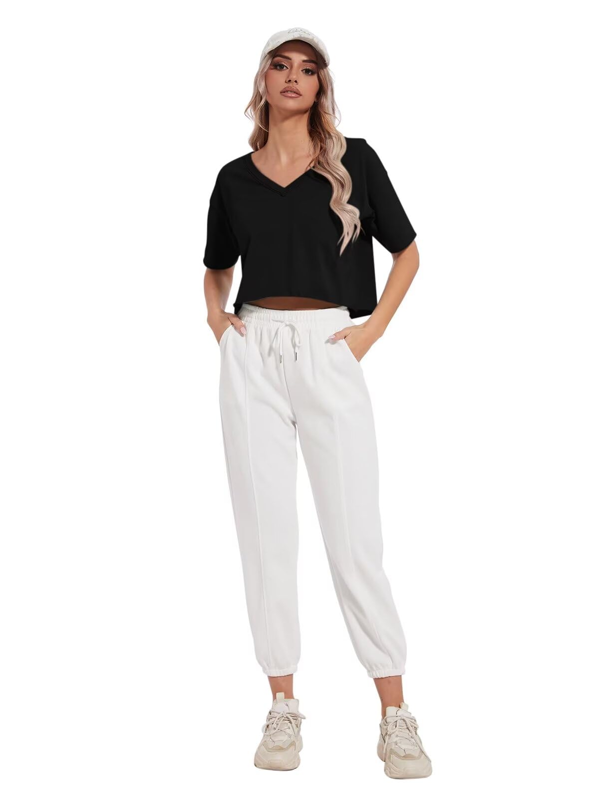 Women's Oversized V-Neck Crop Top - 100% Cotton Short Sleeve Boxy Tee for Workout & Casual Wear | Trendy Spring Summer 2025 T-Shirts for Gym, Yoga, Beach & Everyday Fashion