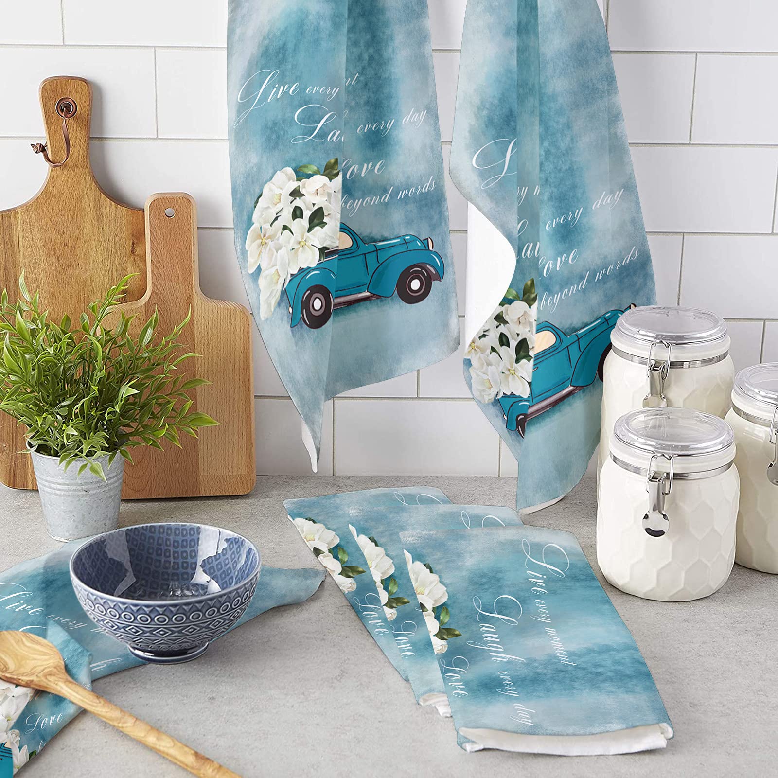 Premium White Floral Blue Truck Kitchen Towels - 18x28 Inch Soft Cotton Dish Cloths (2-Pack) | Absorbent Tea Towels, Bar Towels & Hand Towels for Kitchen, Bathroom & Restaurant Use