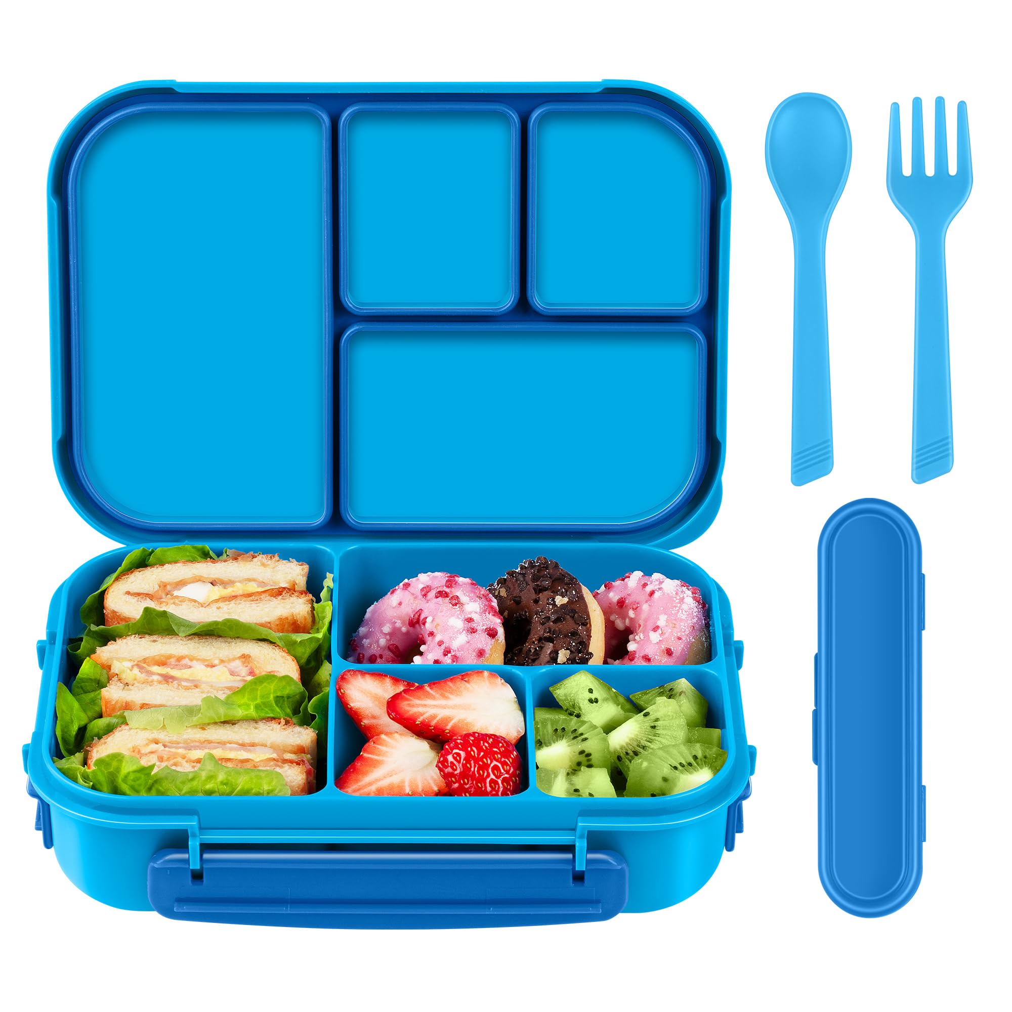 Leakproof Bento Lunch Box for Kids & Adults - 1200ML 4-Compartment Microwave, Dishwasher & Freezer Safe Food Container with Utensils (Blue) - Ideal for School, Office, Picnics & Meal Prep