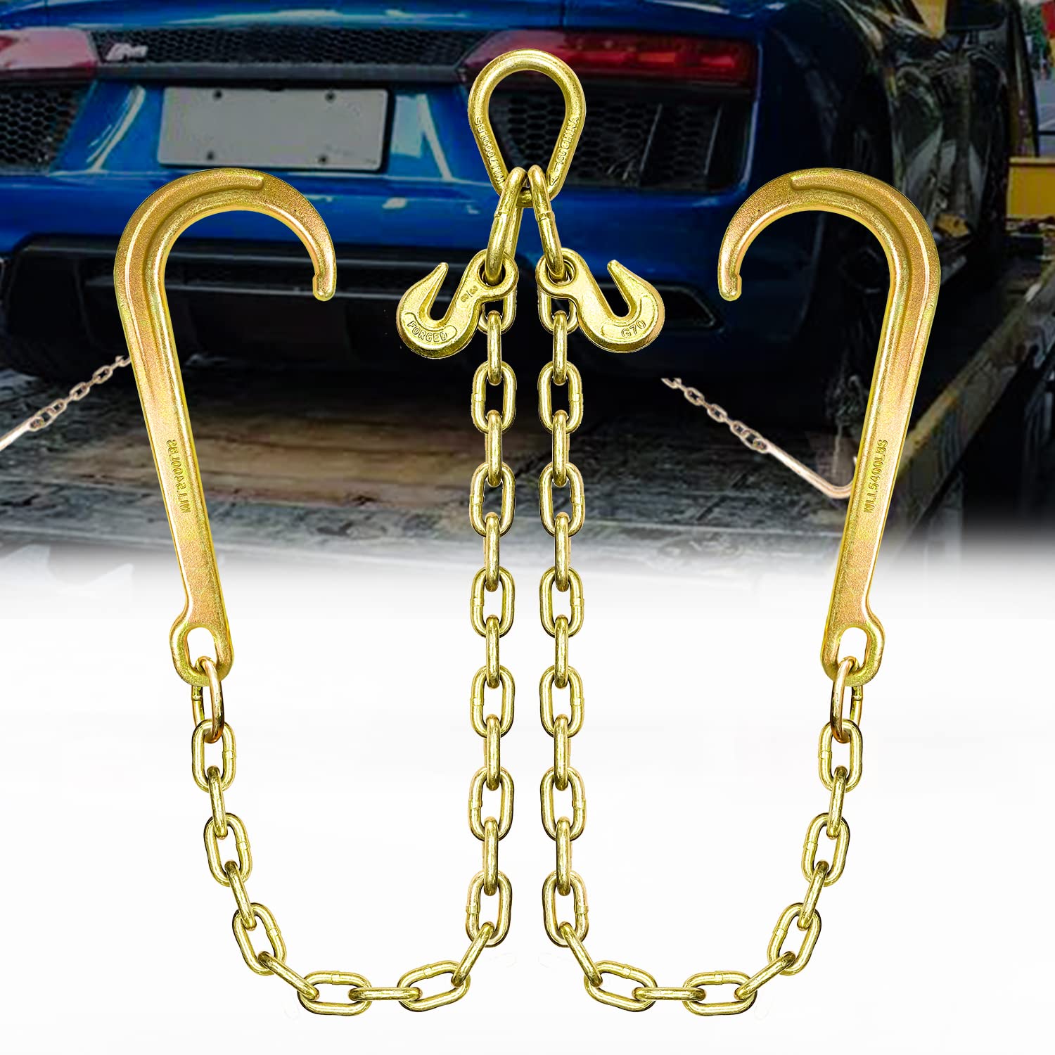 3/8In x 2Ft Grade 80 V-Bridle Towing Chain with J Hooks & Grab Hooks | 7,100LBS Safe Working Load | Heavy Duty Flatbed Truck, Rollback Wrecker & Carrier Transport | Perfect for Vehicle Recovery, Towing & Off-Road Hauling