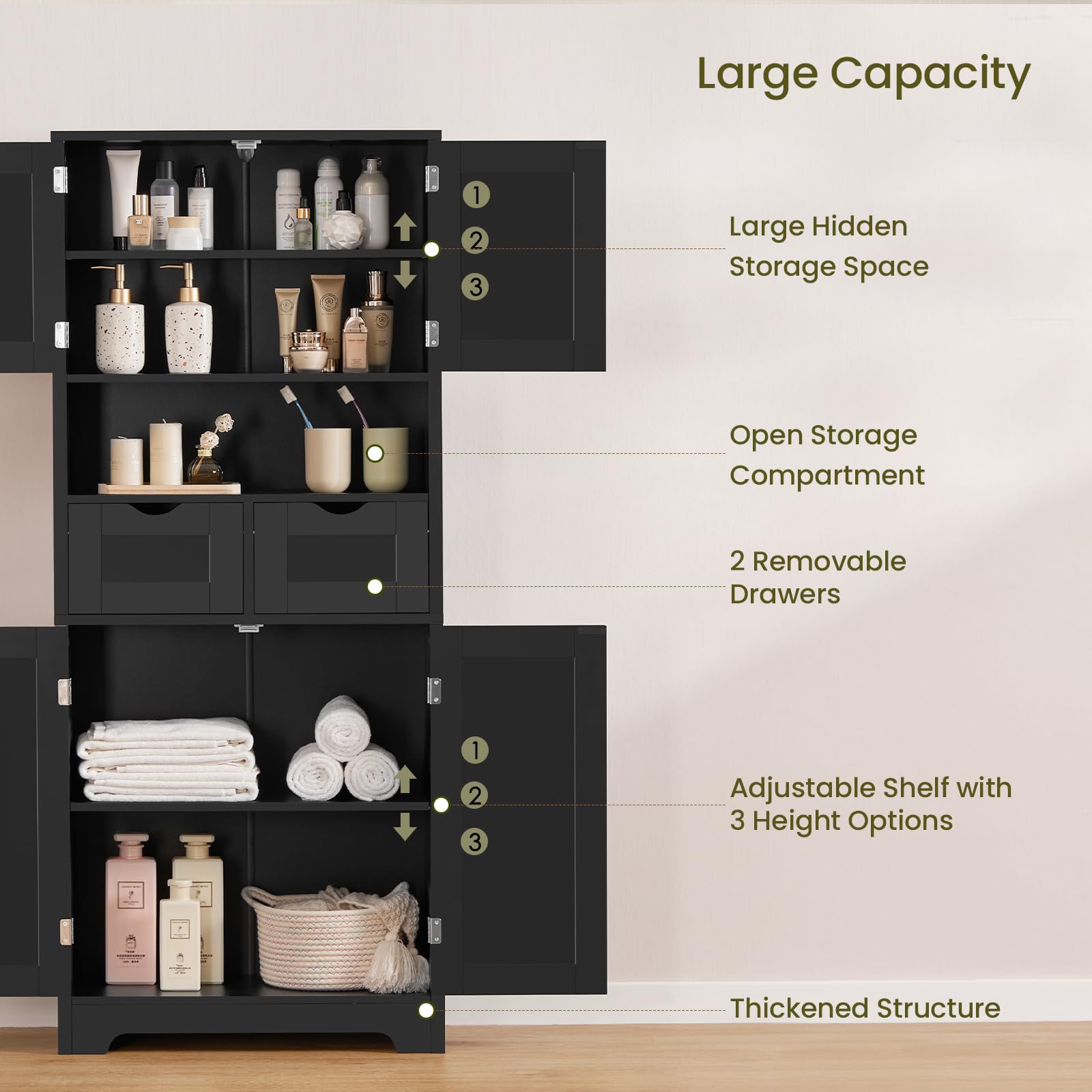Iwell Tall Storage Cabinet with Adjustable Shelves - 2-Drawer Bathroom & Linen Organizer for Living Room, Bedroom, or Office - Black Wooden Cabinet for Towels, Blankets & Home Storage