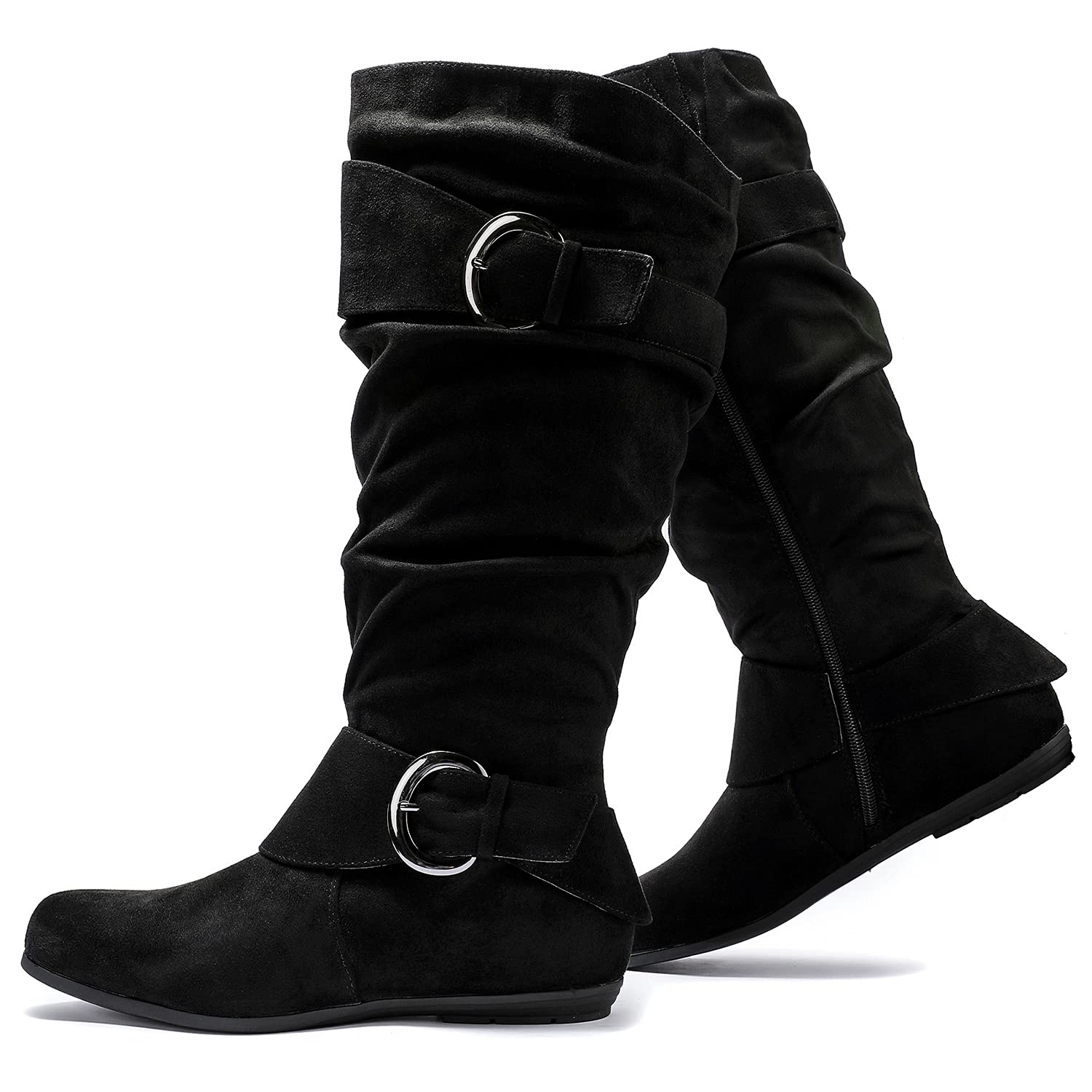 Luoika Women's Extra Wide Calf Slouchy Boots - Comfortable Wide Width Mid Calf Flat Heel Boots for Women | Perfect for Casual Outfits, Work & Fall/Winter Fashion